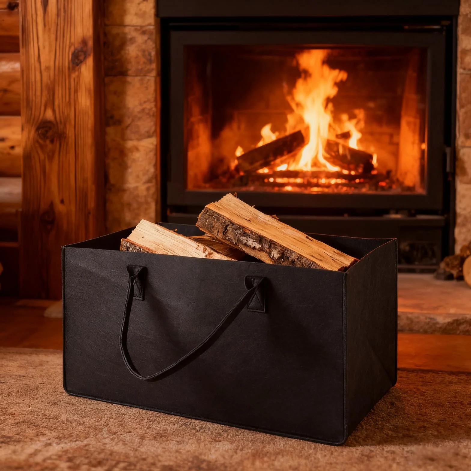 efuturetime Torba filcowa składany kosz na drewno 61x32x32 cm 60 l czarny