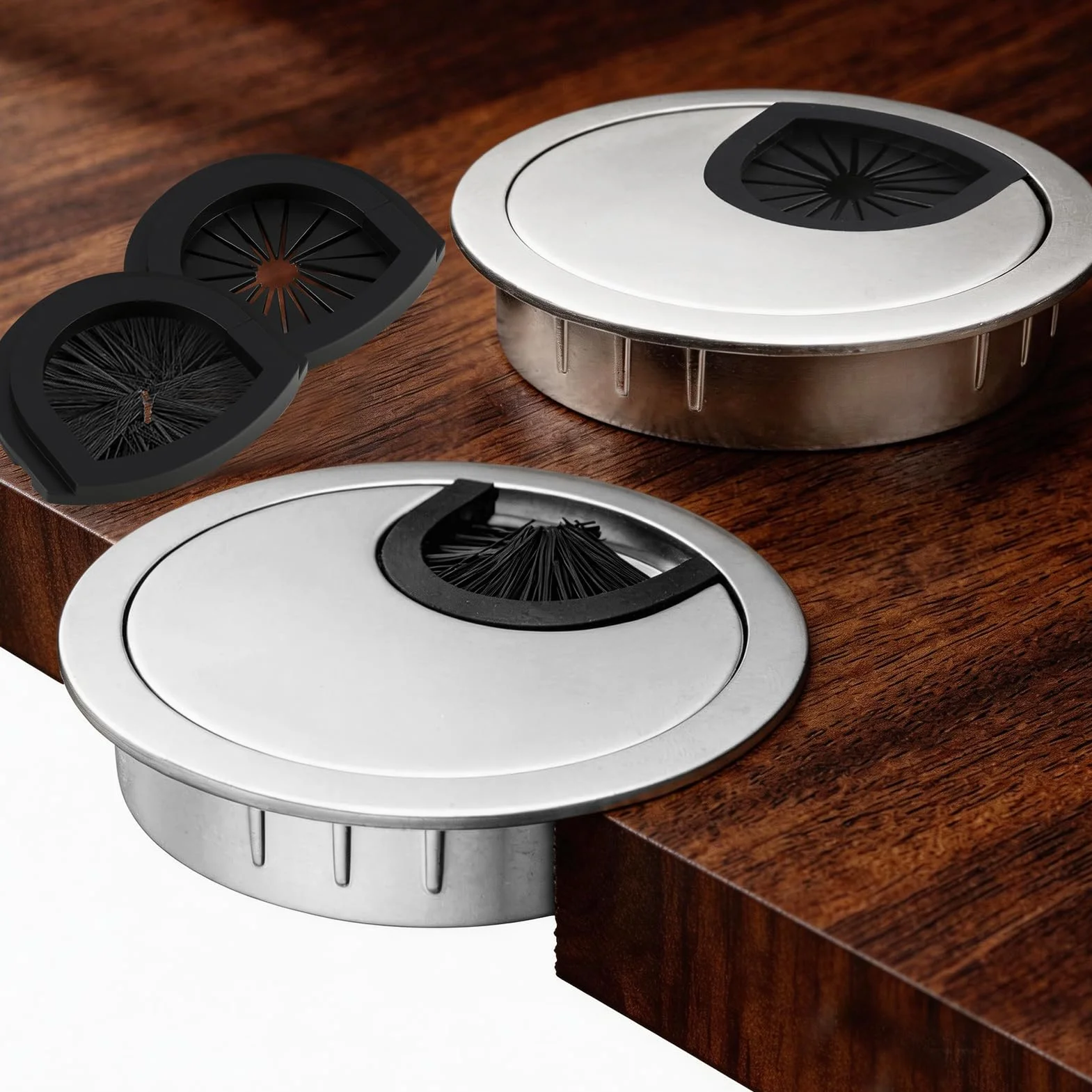 2 szt. Biurko Premium 60 mm przepust kablowy ze stopu cynku z odpornym na korozję platerowanym wykończeniem, metalowymi przelotkami kablowymi 60 mm, srebrny przepust kablowy, zaślepka na