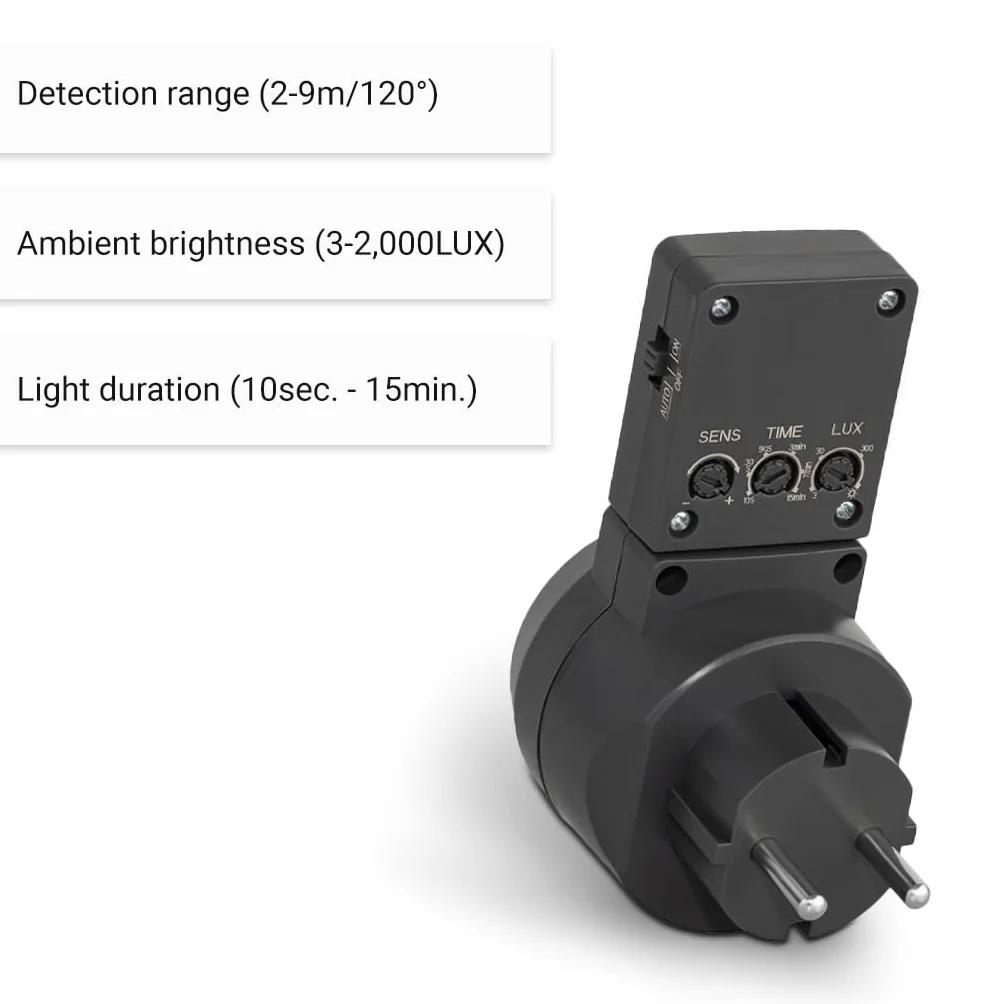 SEBSON Wtyczka pośrednia PIR czujnik ruchu, obrotowy, Schuko 230 V, 1000 W, programowalny, do LED