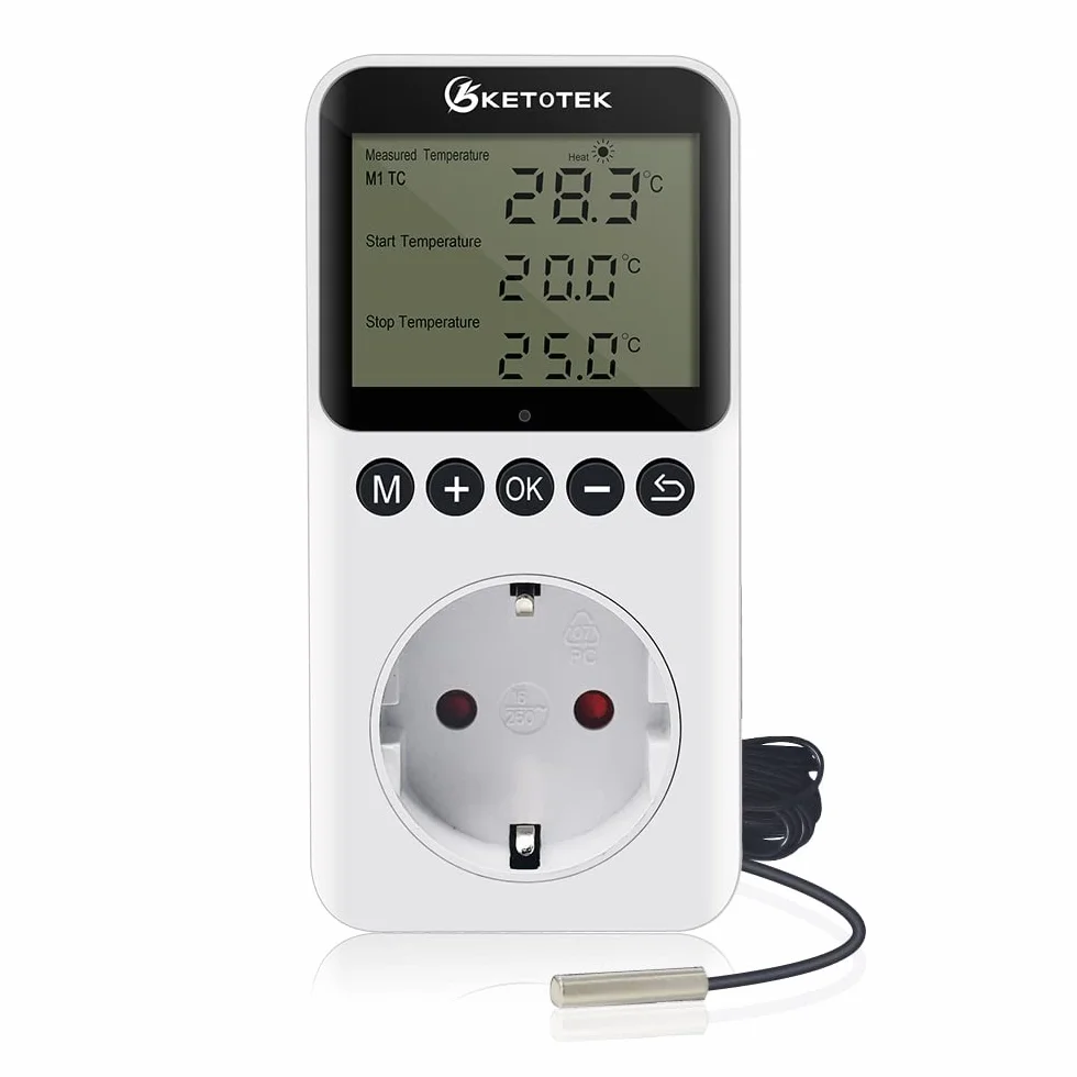 KETOTEK Wtyczka Termostatu Wylotowego z Dziennym Zegarem Nocnym Kontroler Temperatury Cyfrowego Ogrzewanie Chłodzenie 230V dla Gad Terrarium Grzałki Szklarnia Inkubator 220V