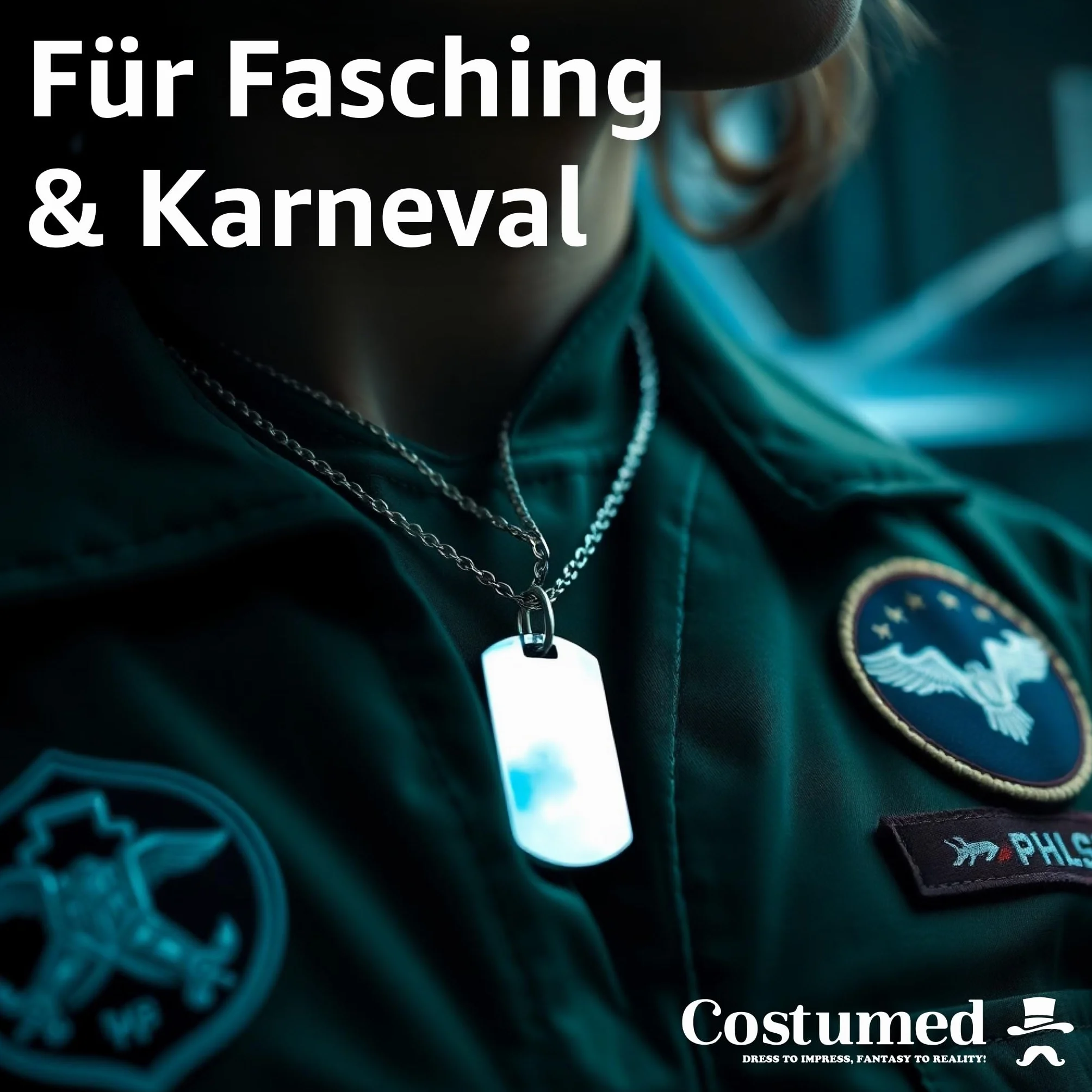 Costumed US Army Dog Tag - Nieśmiertelnik armii amerykańskiej srebrny, identyfikator dla psa - łańcuszek żołnierza jako dodatek na bal karnawałowy i faszyng