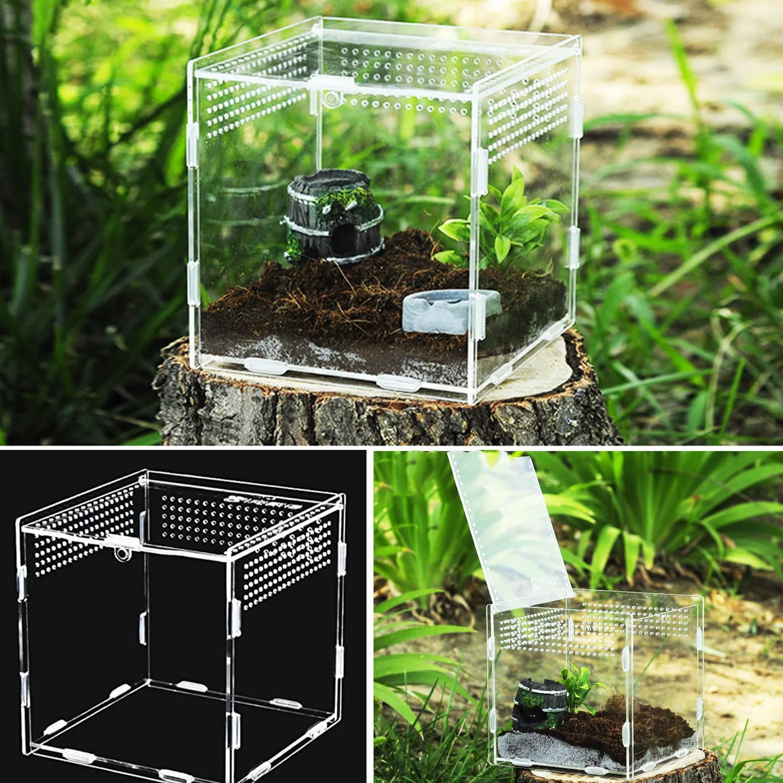 Pudełko na terrarium na gady, pudełko na owady, przezroczyste akrylowe pudełko na zwierzęta z gadami, 360 stopni, pojemnik na Spide, jaszczurkę, pojemniki na skorpion (9 x 9,5 cm)