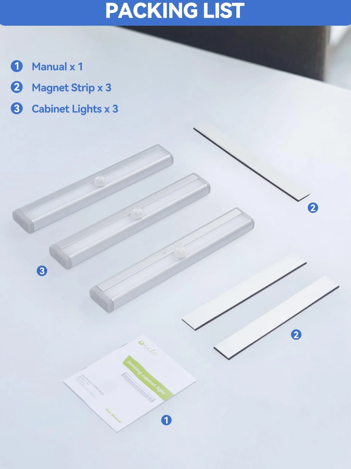 OxyLED Lampka do Szafy z Czujnikiem Ruchu, 4 Sztuki, LED, Oświetlenie Wnętrz, z Paskiem Magnetycznym, Automatyczne Włączanie/Wyłączanie