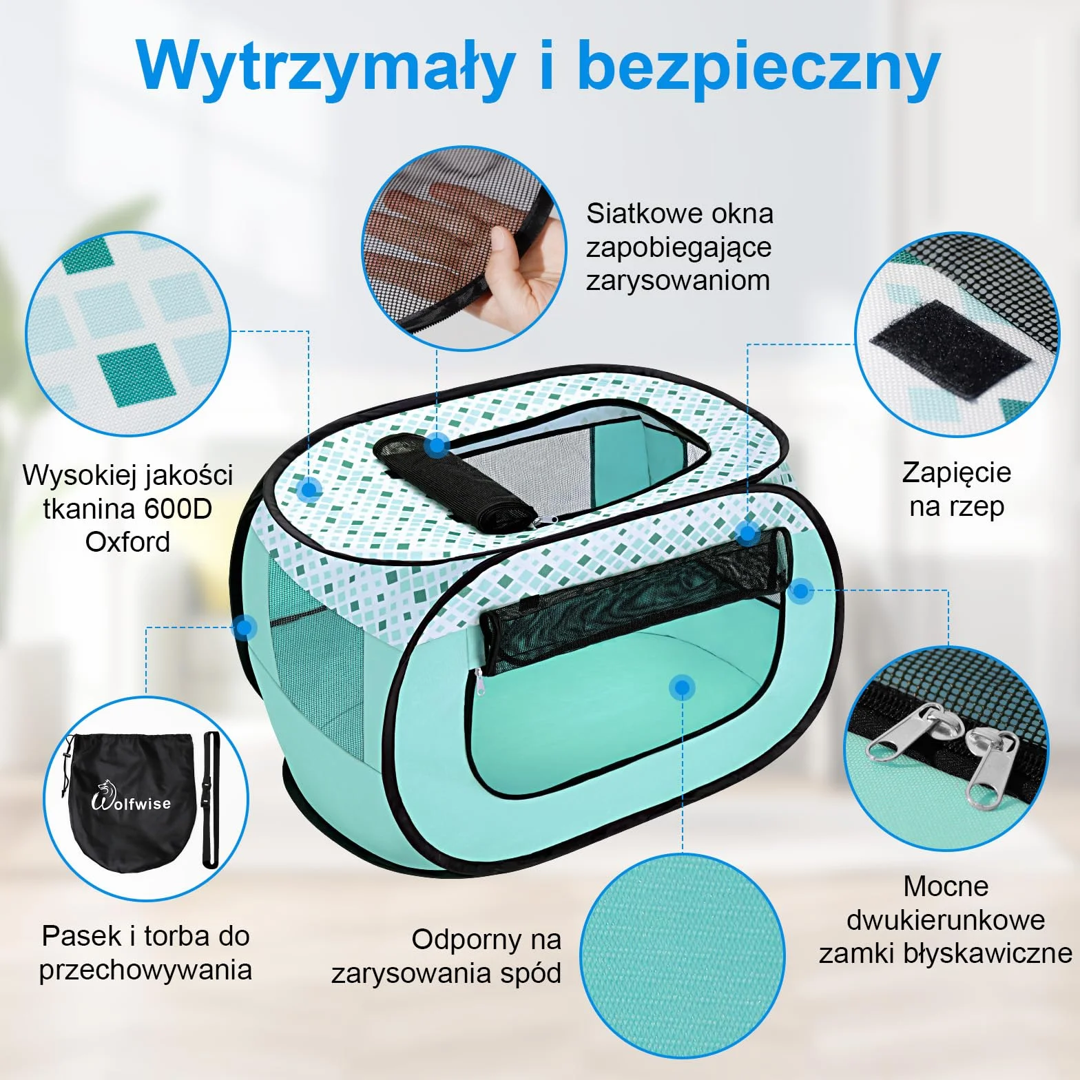 Wolfwise kojec dla zwierząt, przenośna klatka, 600D Oxford, przenośna klatka dla szczeniąt, klatka dla kota do użytku na zewnątrz podczas podróży kempingowych z torbą do przenoszenia, Średni, zielony