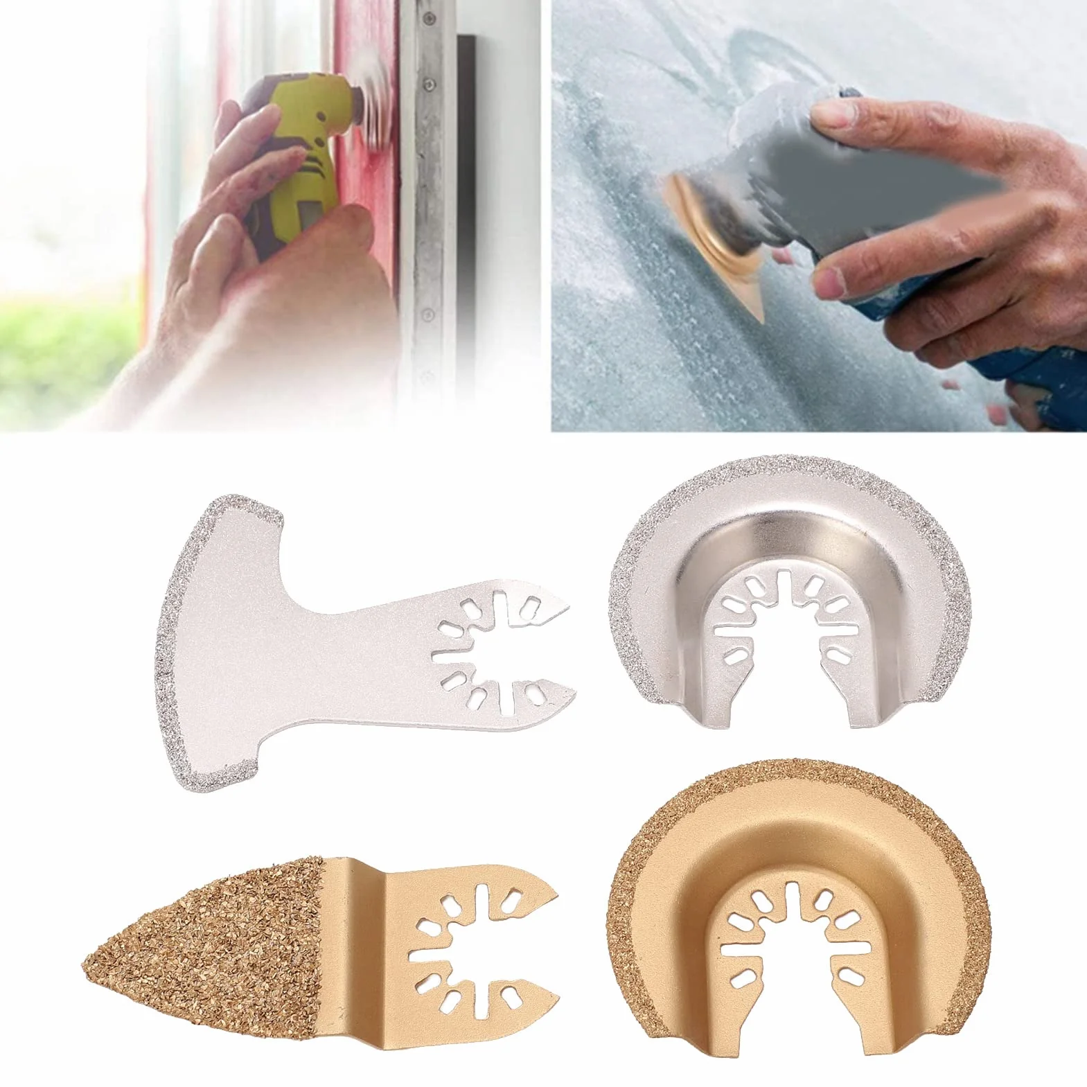 4 szt. Zestawy Brzeszczotów Oscylacyjnych Multitool Uniwersalne Brzeszczoty do pił z Węglików Spiekanych Semi Circle Finger Segment Swing Grit do Fugowania Ceramika Murarska