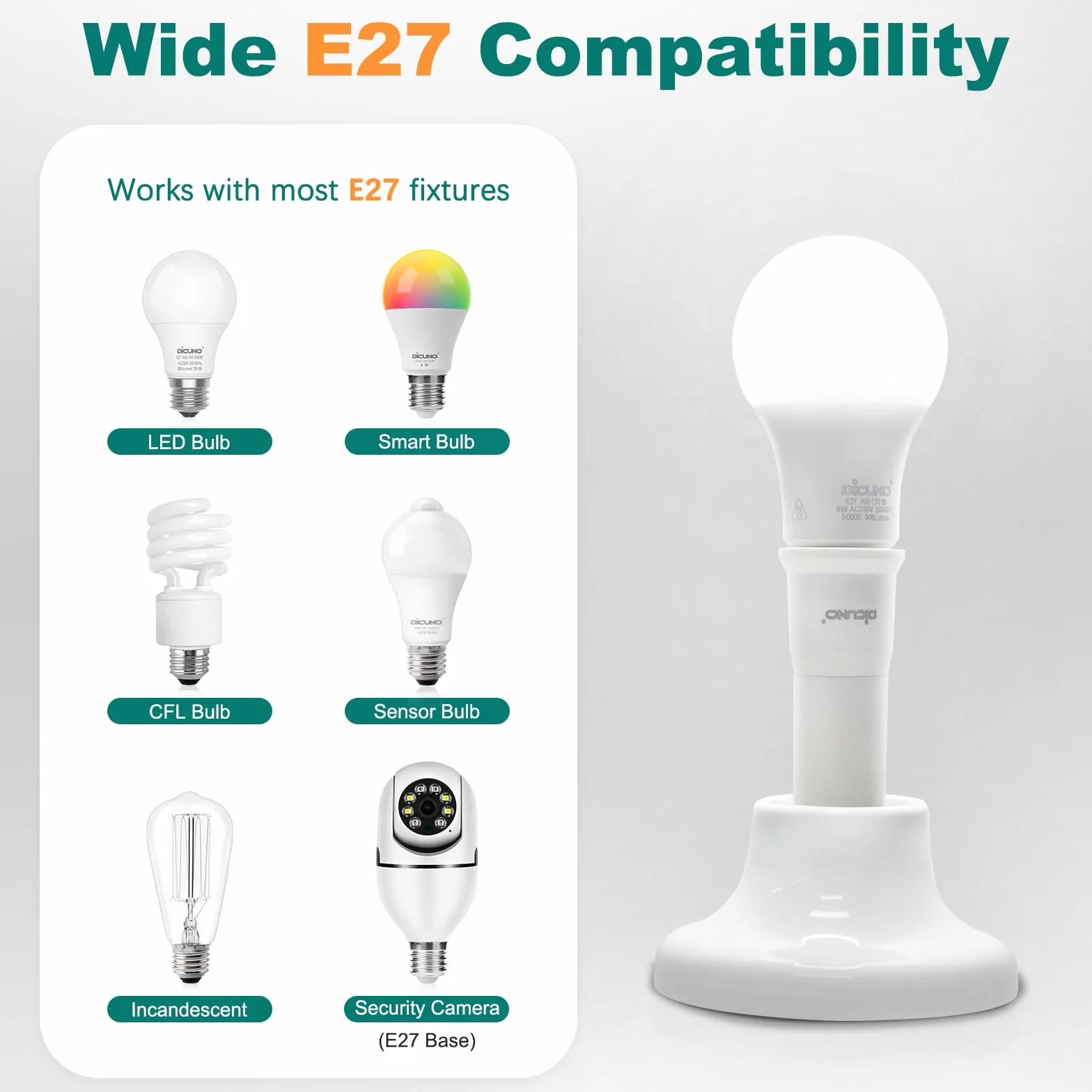 DiCUNO Adapter oprawki E27, regulowane przedłużenie lampy, elastyczny konwerter cokołowy, 10-13 cm, 60 W, 250 V, odporny na wysokie temperatury do 160°C, tworzywo sztuczne PBT, 2 sztuki w opakowaniu
