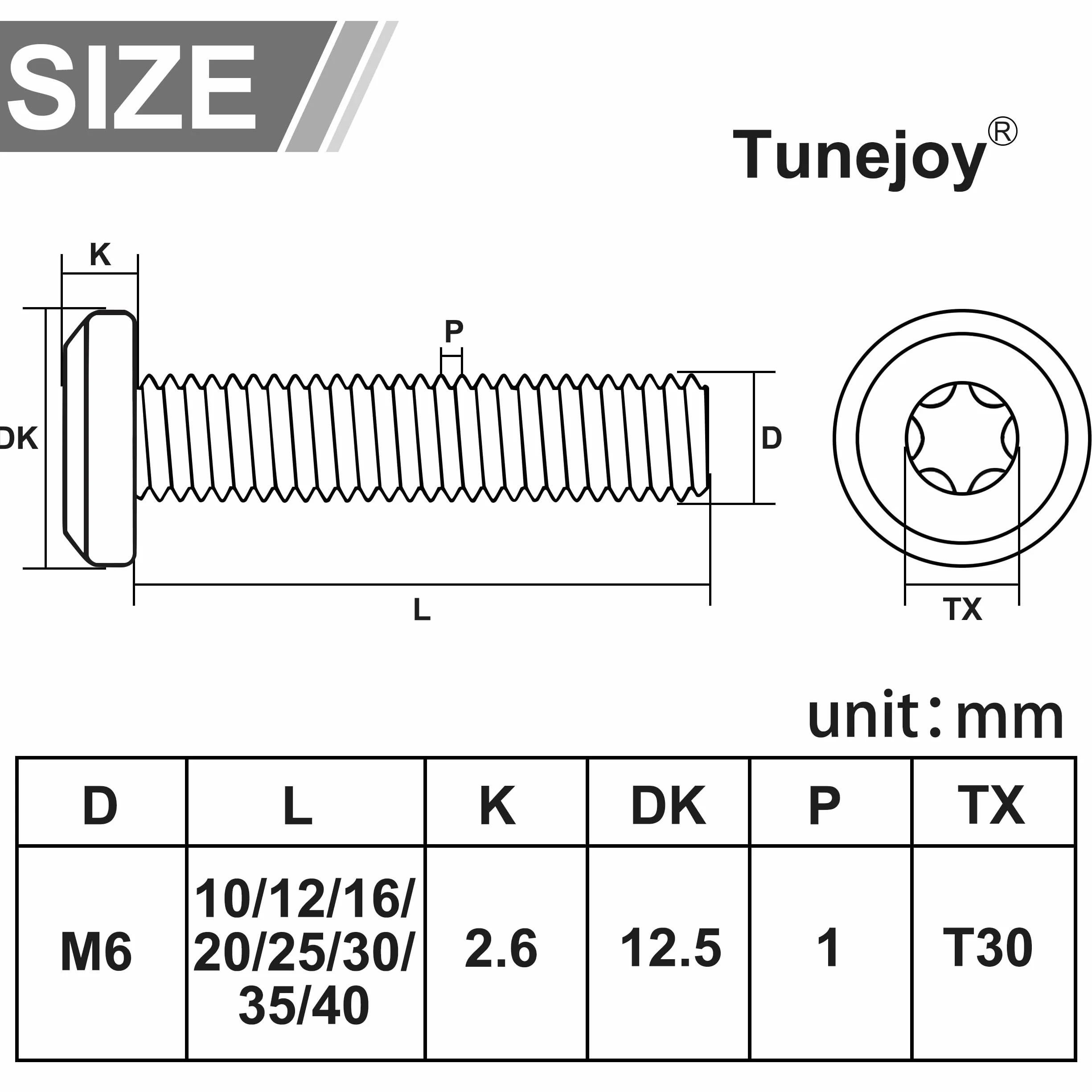 Tunejoy Śruby z łbem płaskim Torx M6 x 35 mm Śruba z łbem sześciokątnym Śruby ze stali nierdzewnej A2 V2A Śruby meblowe z kluczem T30 pełny gwint 30 sztuk