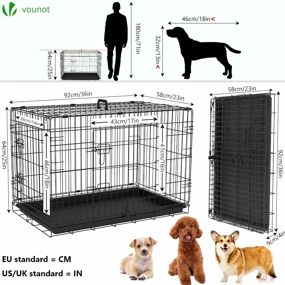 VOUNOT Składana klatka dla psa z 2 zamykanymi drzwiami i zdejmowaną tacą składana metalowa klatka dla psa transporter dla psa 92 x 58 x 64 cm czarna