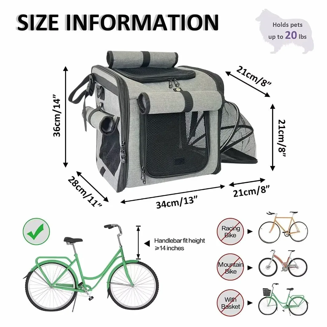 Kosz rowerowy dla psa z okienkami z siatki, regulowane paski, torba, przednie koło, fotel samochodowy