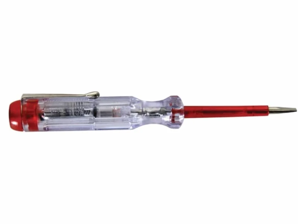 Perel Tester napięcia, tester fazy, szczelinowy tester elektryczny, wkrętak, tester elektryczny, wskazanie za pomocą neonówki, 120-250 V, przezroczysty, stal chromowo-wanadowa (CrV)