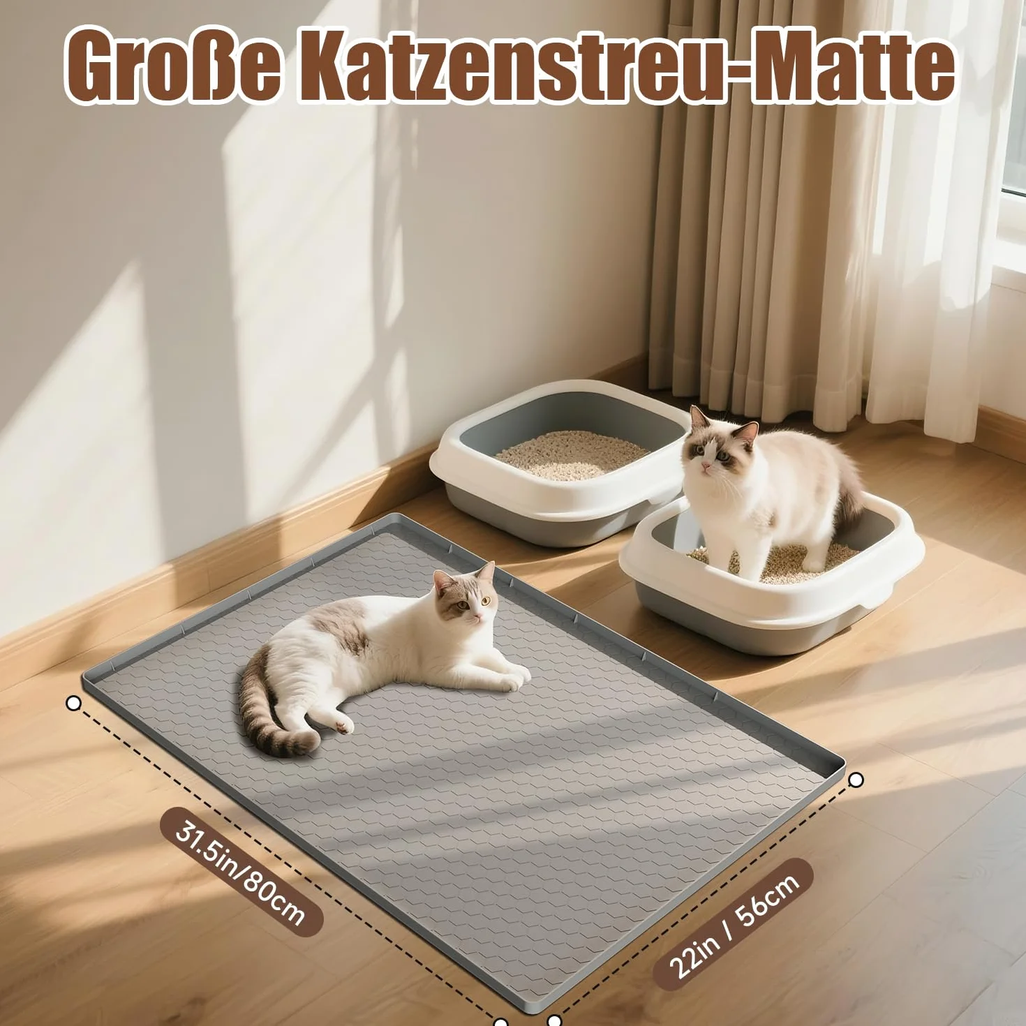 Duża Mata do Kuwety dla kota 80 x 56 cm, Mata do Kuwety dla Kota Wykonana z Silikonu Dopuszczonego do Kontaktu z żywnością, Wodoodporna, Odporna na Mocz, Antypoślizgowa– Szara