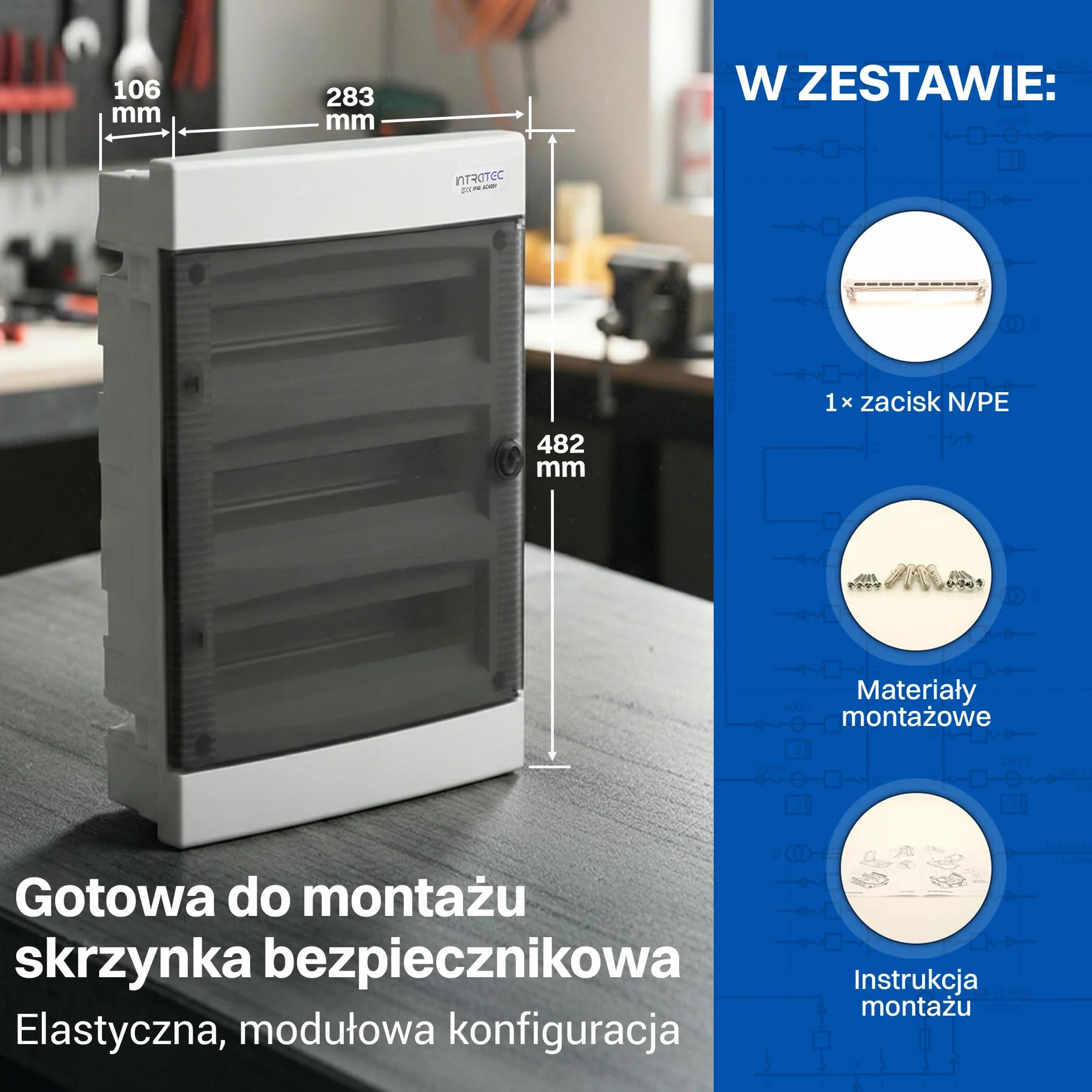 Intratec Skrzynka Rozdzielcza Podtynkowa 3 Rzędowa – Skrzynka Rozdzielcza IP40 na 36 Modułów z Przezroczystymi Drzwiami i Szyną do Łatwej Instalacji Elektrycznej w Domu i Firmie – 482 x 283 x 106mm