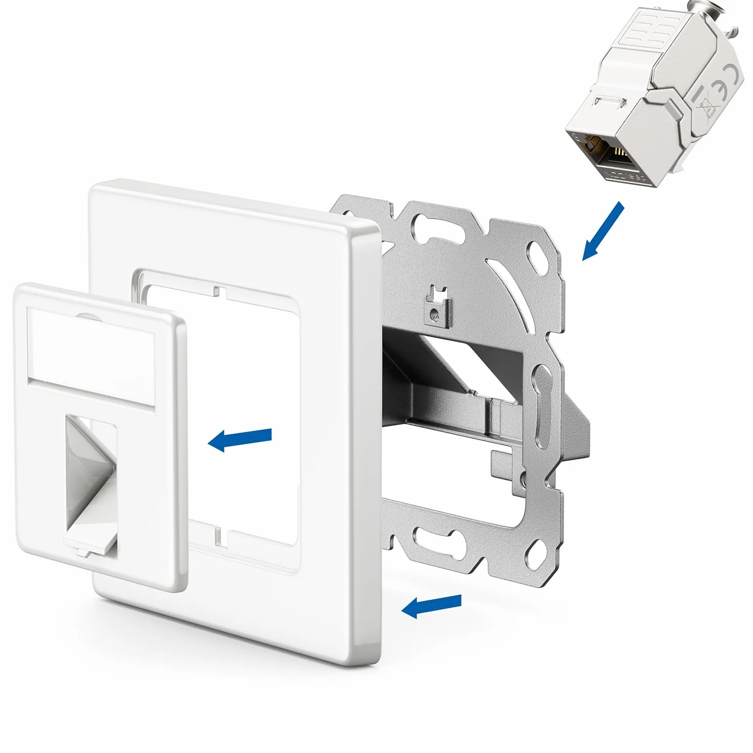 deleyCON 1x Gniazdko Sieciowe CAT8 Podtynkowe z Modułem RJ45 Keystone - 40 Gbps, STP Ekranowane - do Patchcordów, Kabli Sieciowych, Przewodów Instalacyjnych Ethernet - Gigabit LAN - Białe