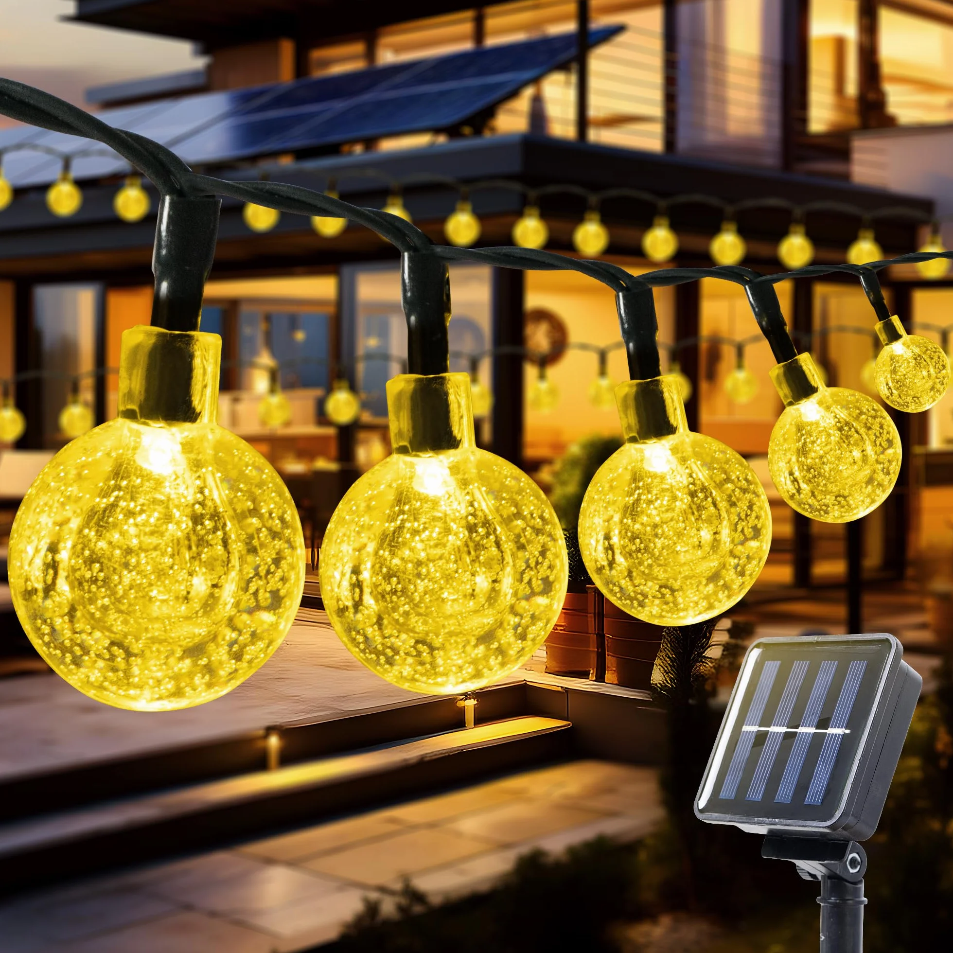 Mexllex Solarny łańcuch świetlny do użytku na zewnątrz, 8 m, 50 LED, 8 trybów pracy, odporne na działanie warunków atmosferycznych kryształowe kule, do ogrodu, na taras, balkon, imprezy (ciepła biel)