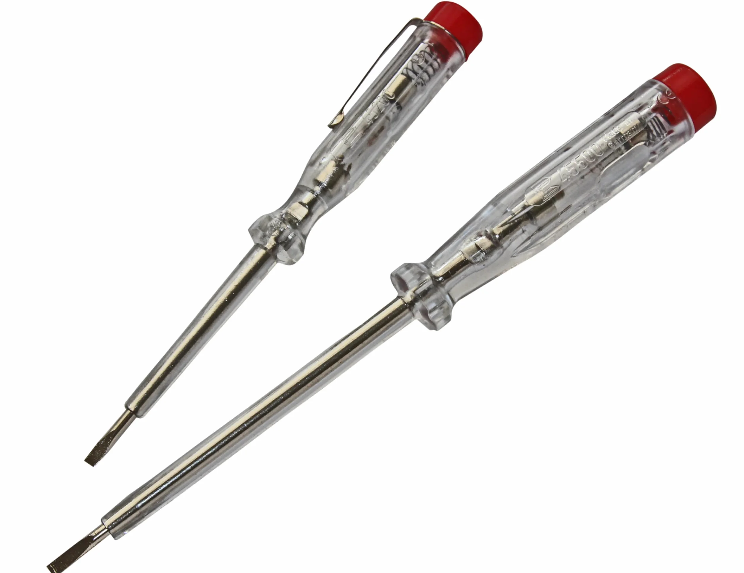 H + H Werkzeug 45200 45500 VDE 45200/45500 tester napięcia/tester fazowy, zestaw do 250 V, 2-częściowy atest GS 0680, Made in Germany, przezroczysty/czerwony, 140 mm/190 mm