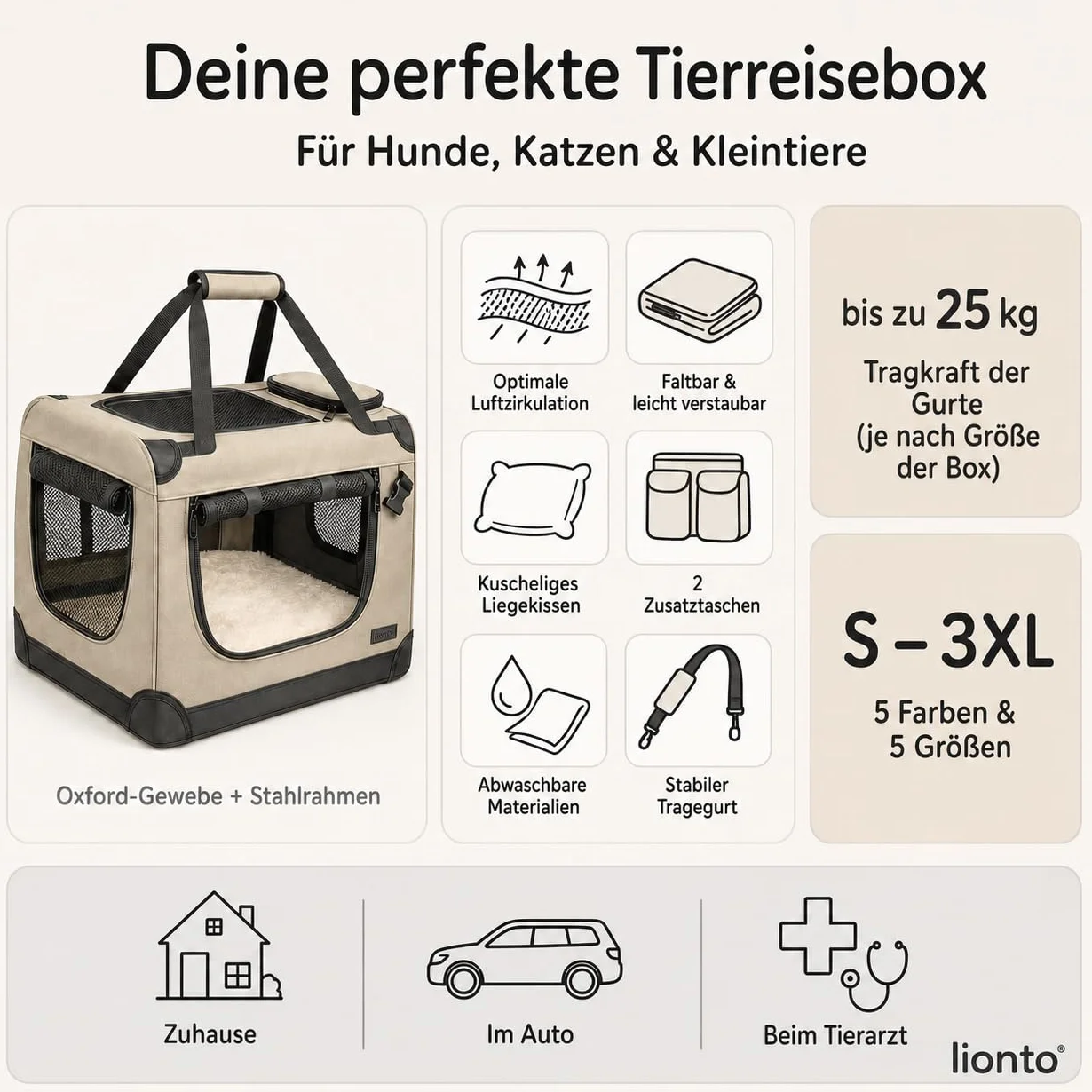 lionto Składany transporter dla psa do podróży i samochodu, 82x58x58 cm, wytrzymały transporter z uchwytami i kocem dla kota i psa do 18 kg, mocna torba z tkaniny, szary