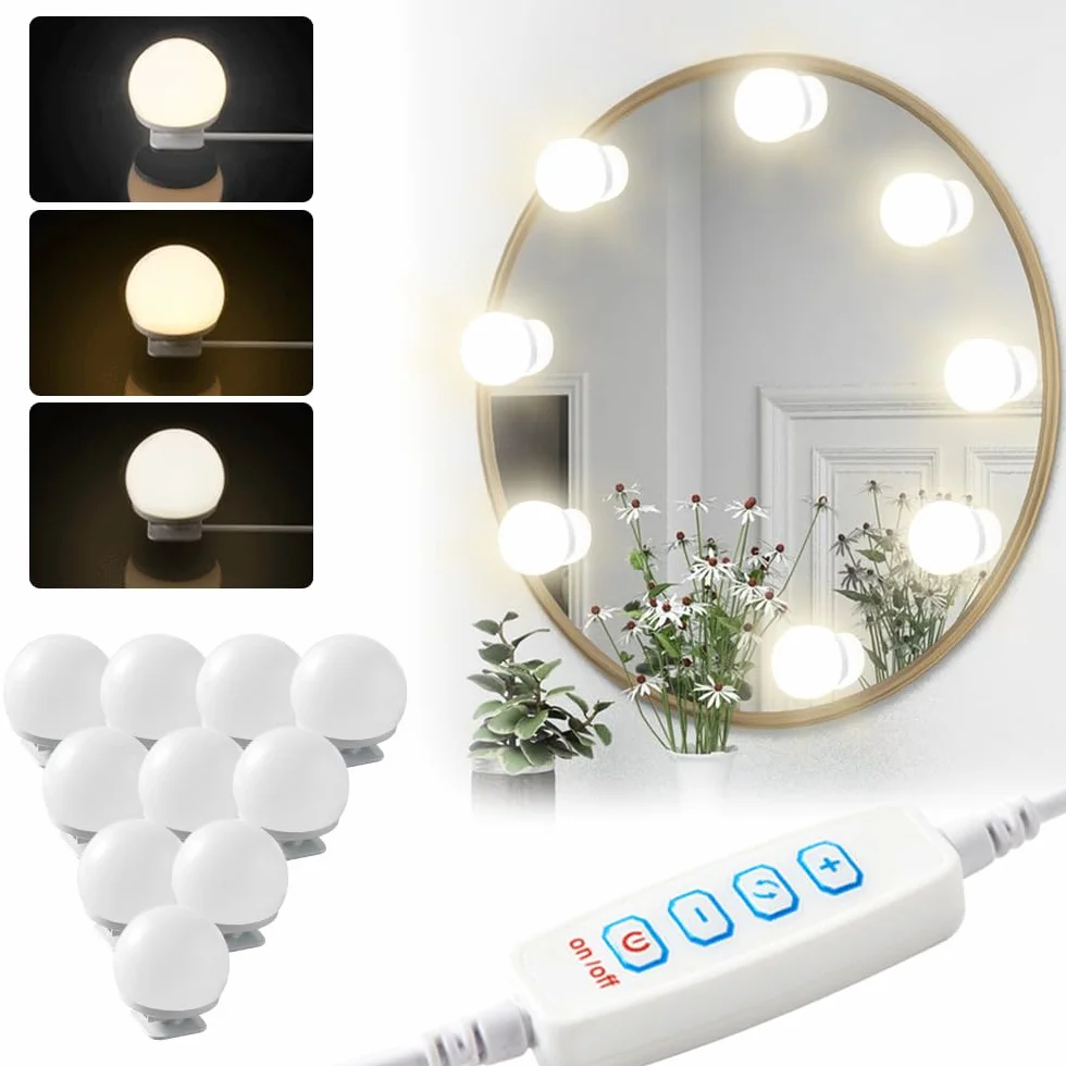 Lampa LED do lustra, 10 diod w stylu Hollywood, możliwość ściemniania, 3 kolory, do toaletki, oświetlenie makijażu, lustro kosmetyczne, lustro łazienkowe, z kablem USB