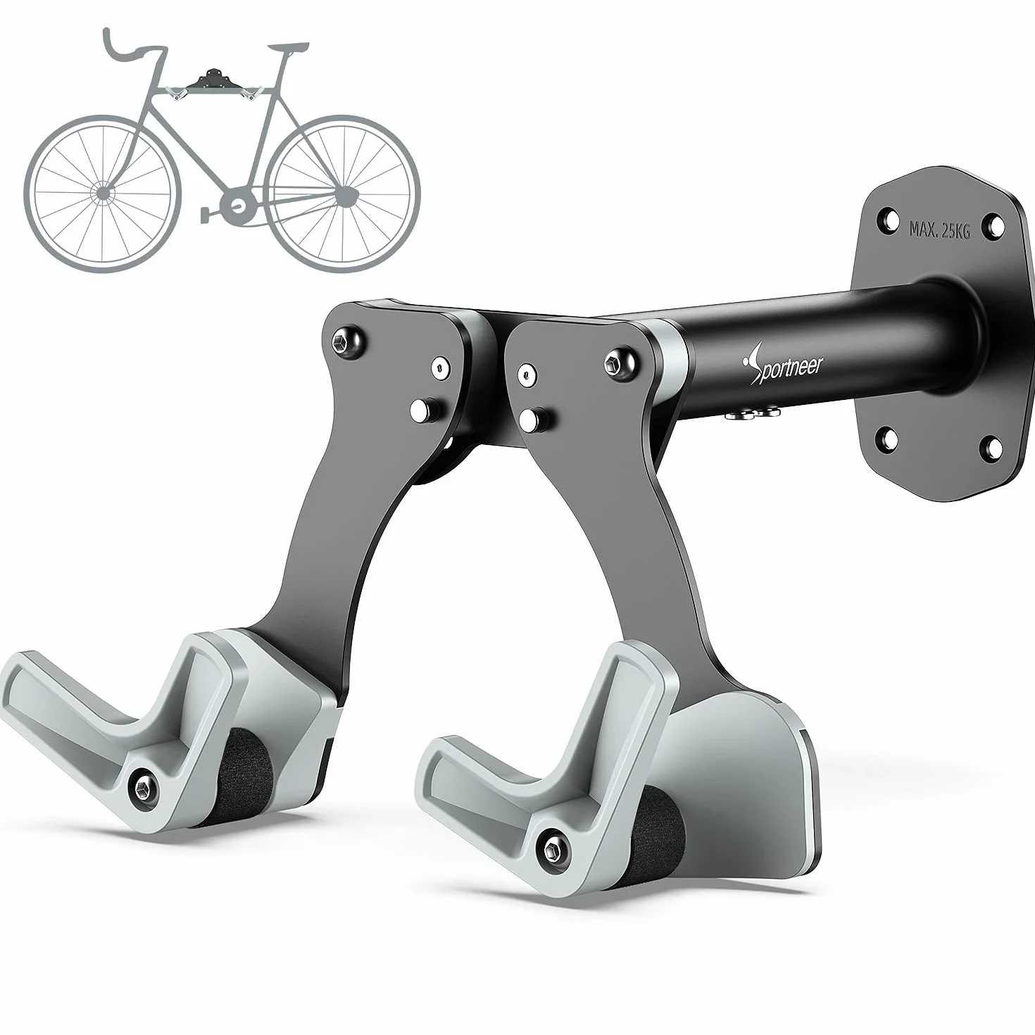 Sportneer Uchwyty ścienne rowerowe, aluminiowy bagażnik rowerowy z 5 poziomami regulacji, wieszak ścienny do garażu, z szeroką kierownicą (maks. 25 kg), do przechowywania rowerów górskich lub