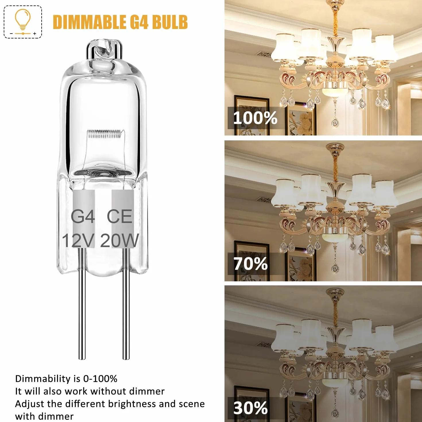 G4 żarówka halogenowa 12 V 20 W, 2 piny, przezroczyste lampy kapsułkowe, ciepła biel 2700 K, długi 生命周期