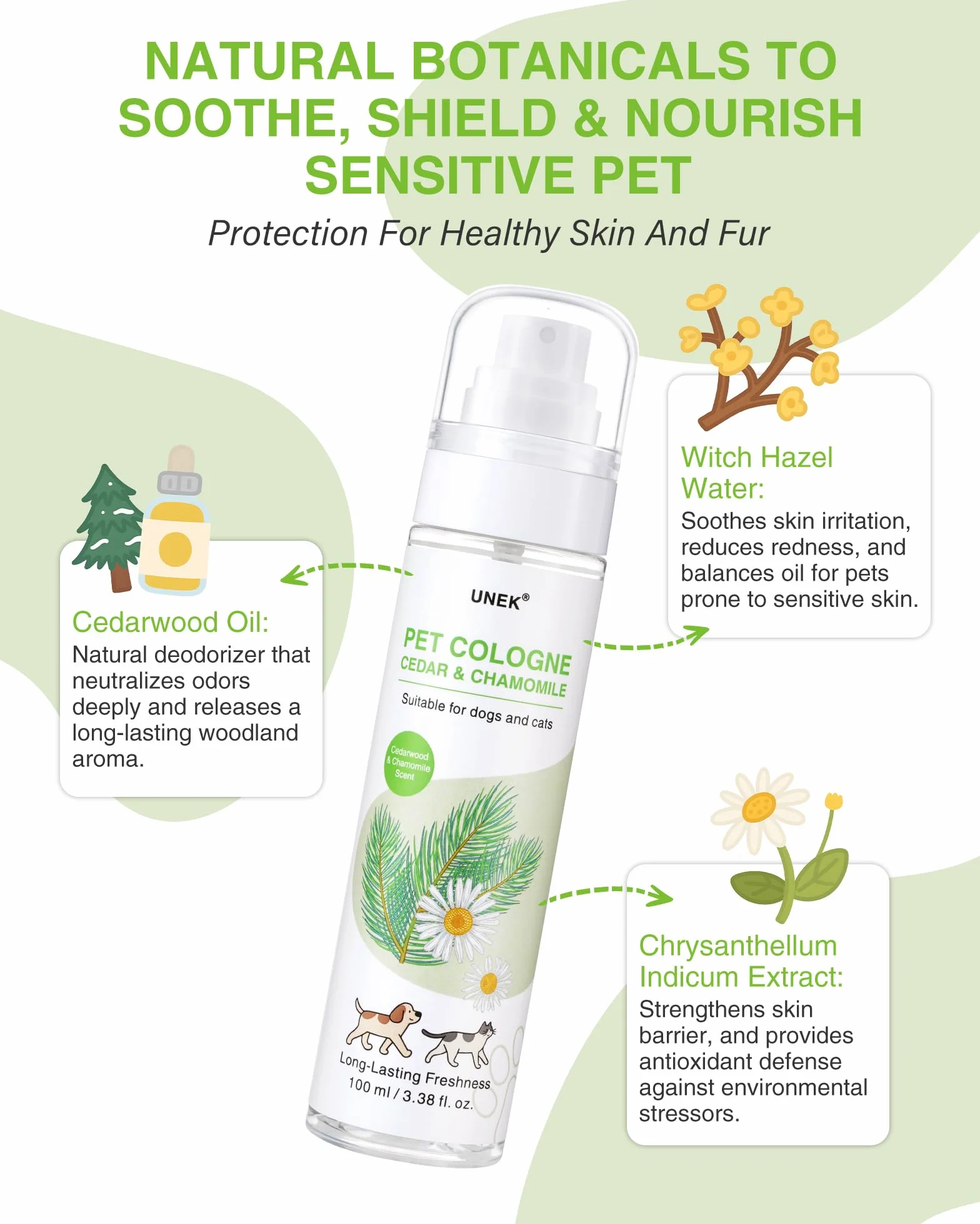 UNEK Perfumy zapachowe dla psów, drewna cedrowego, dla psów i kotów, długo utrzymujący się dezodorant i spray do pielęgnacji sierści, nieklejące się, rozmiary przyjazne w podróży | 100 ml