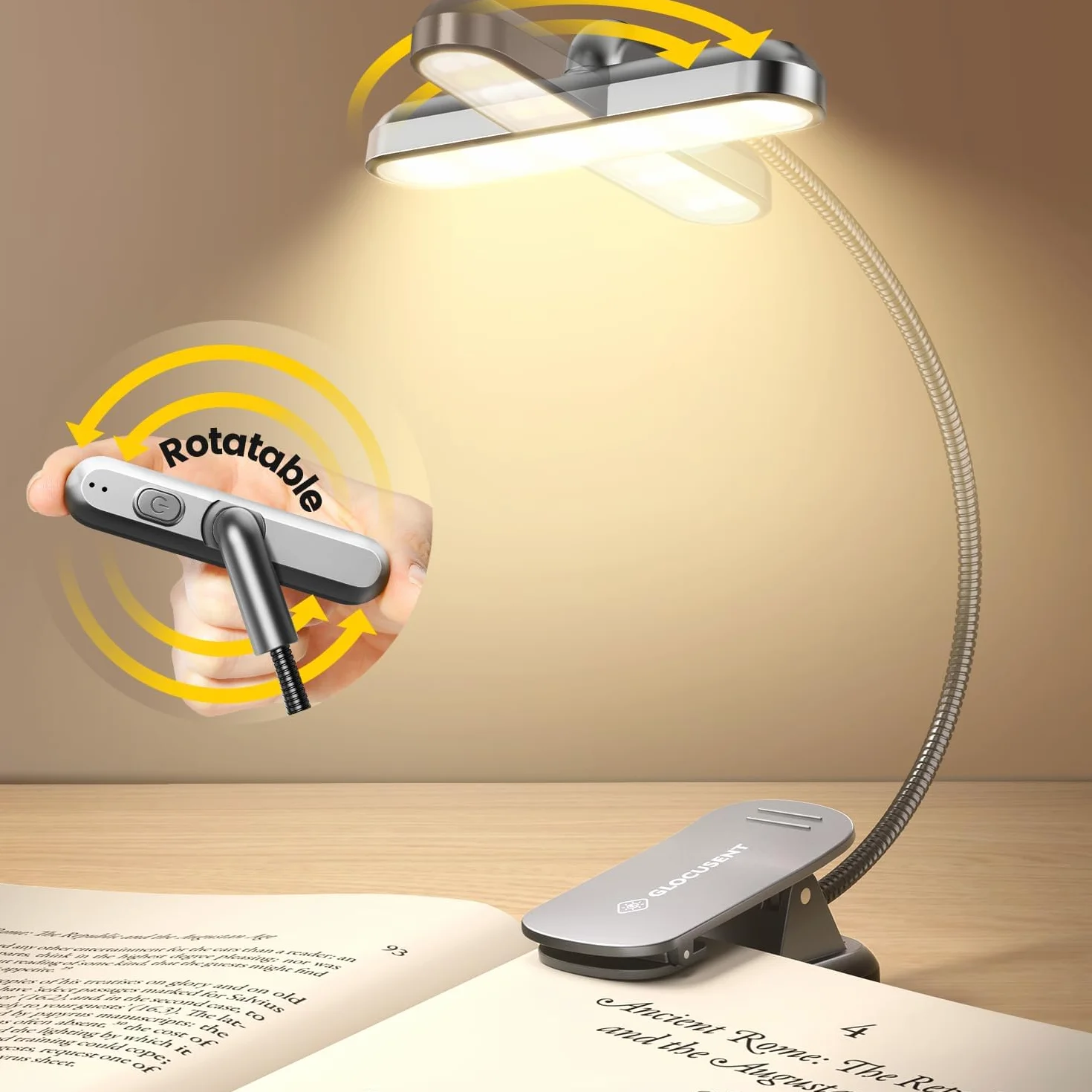 Obrotowa lampka do czytania książek w łóżku Glocusent, 22 diody LED o dwurzędowej konstrukcji z wyłącznikiem czasowym, bezstopniowym ściemnianiem i regulacją kolorów, ładowalna lampka do książek 1000 mAh (Szarość)