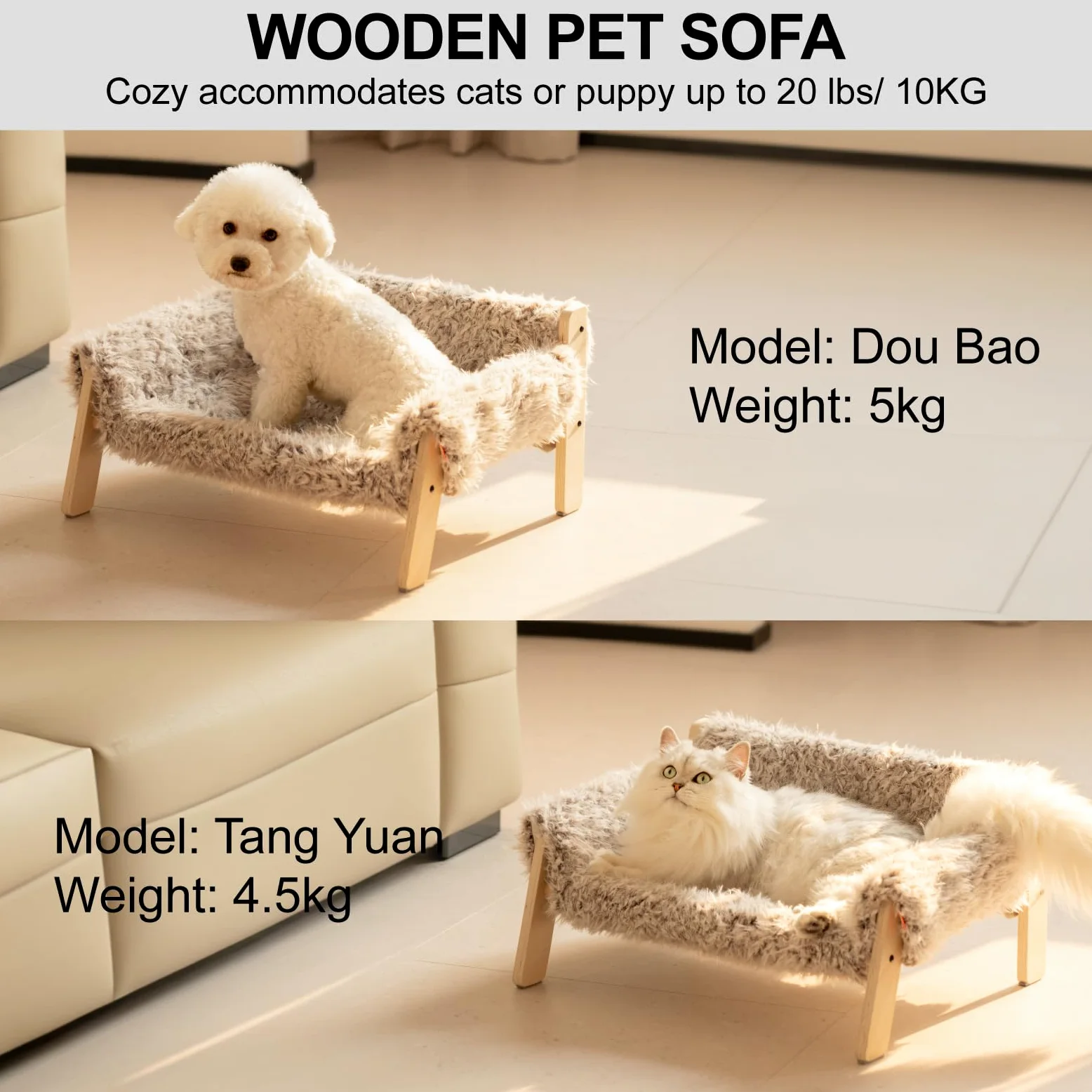 MEWOOFUN Podwyższone legowisko dla kota z drewna 56x45 cm wytrzymała sofa dla kota ze zdejmowaną poszewką obciążenie 10 kg brązowe