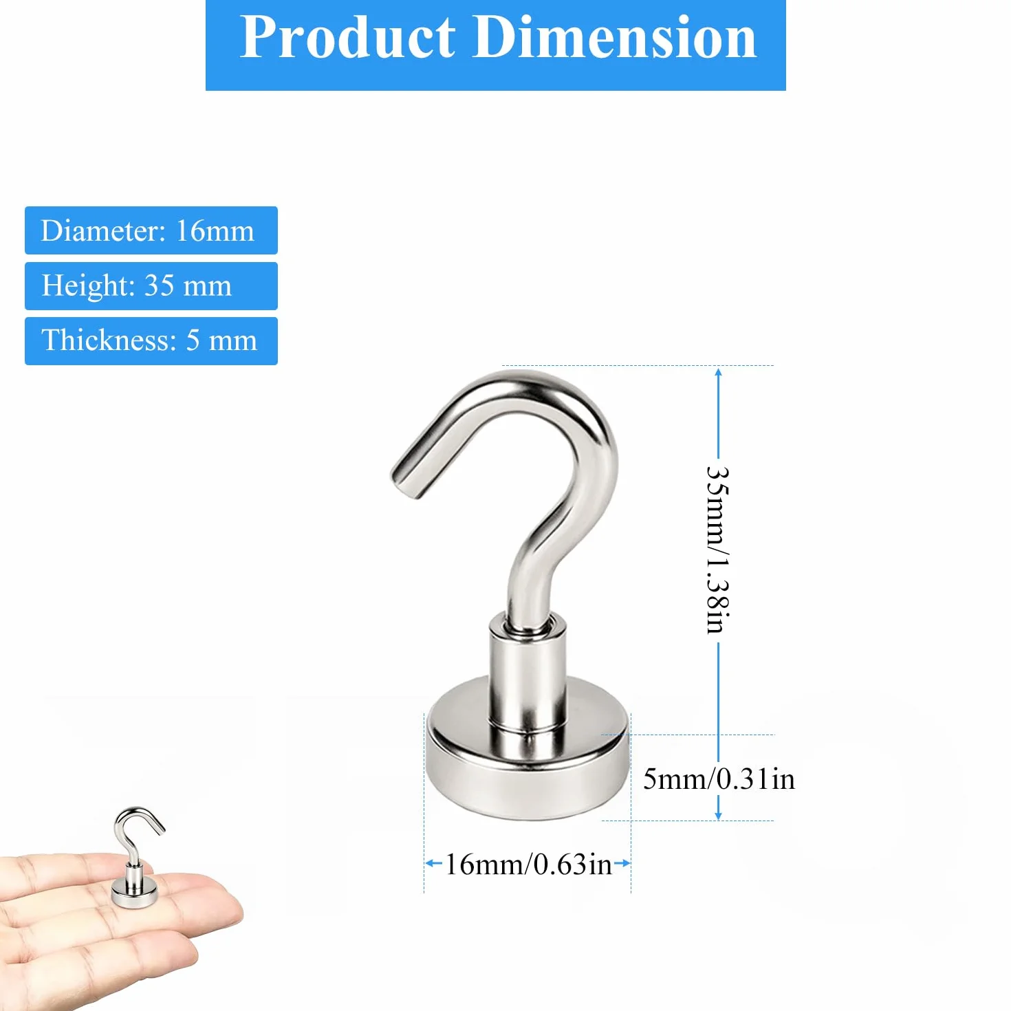Haczyki magnetyczne, magnesy 16 MM z haczykiem, 9 kg 20 funtów magnesy Ultra mocne haki, ściana do przechowywania akcesoriów kuchennych, 6 sztuk
