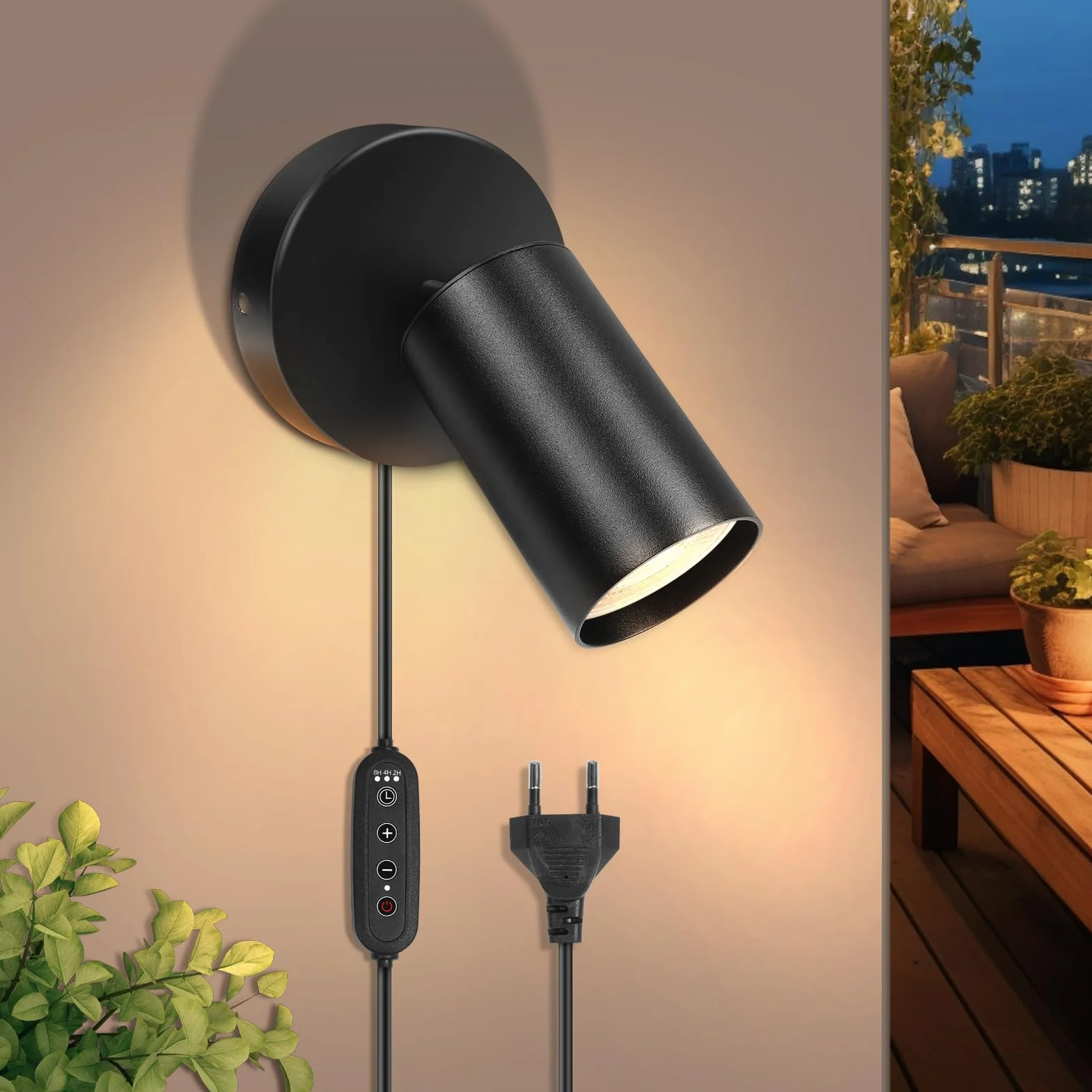 HOTUT GU10 Lampa ścienna, Lampa ścienna z wtyczką i kablem, czarny mat, obracana o 350° lampka nocna, Spot w metalu czarny, lampka do czytania, nowoczesna do sypialni, salonu, korytarz