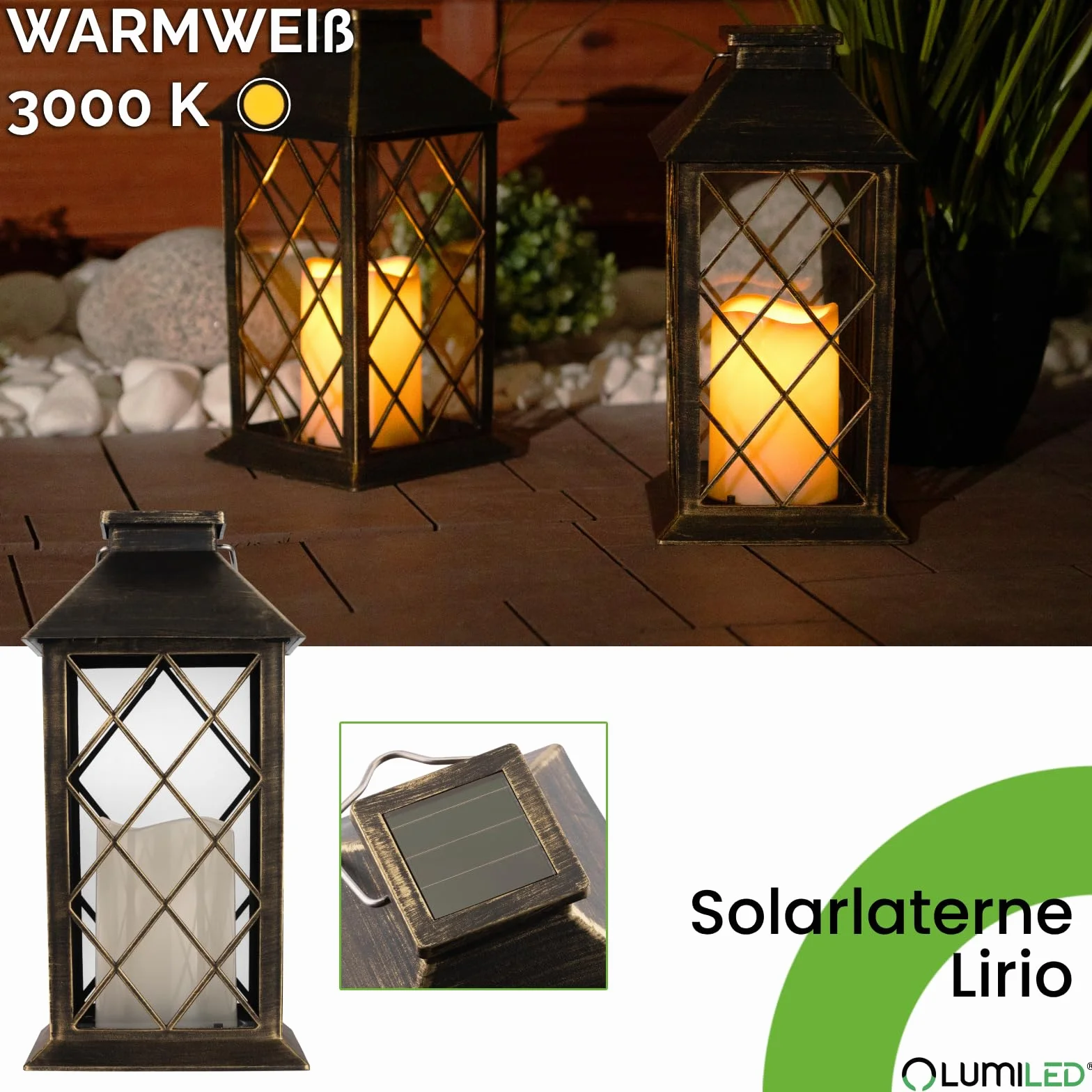 Lumiled 2x latarnia solarna na zewnątrz, latarnie solarne LED ze szkła z efektem migającej świeczki, latarnia solarna z efektem świeczki IP44, vintage patyna, wisząca, dekoracyjne światło, latarnia