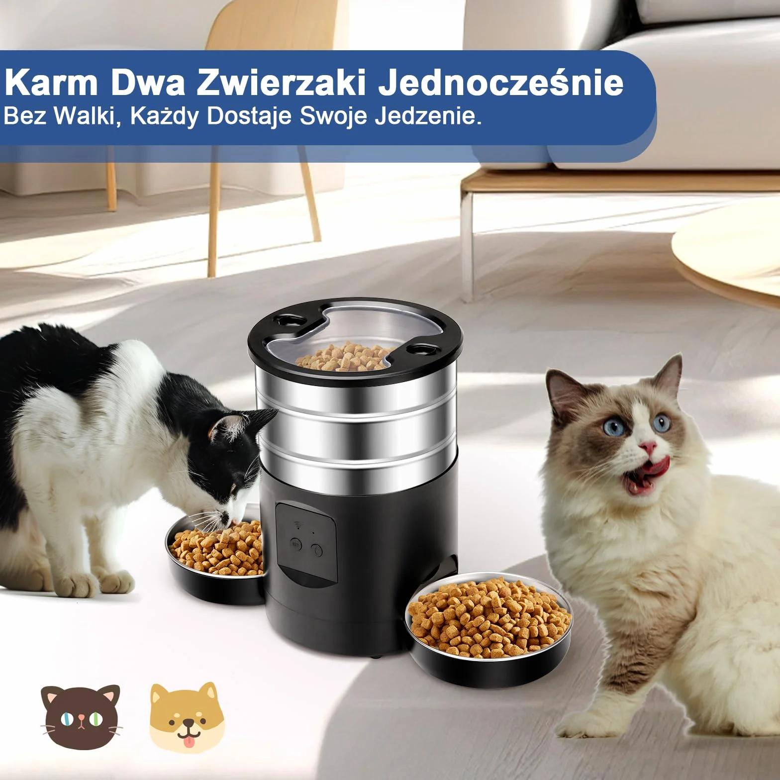 5L Automatyczny Dozownik Karmy Dla Kotów z Podwójnymi Miskami, 2.4G WiFi Zapobiegający Zatorom 1-40 Porcji Spersonalizowane Karmienie 24-Godzinna Rezerwacja, Automatyczny Dozownik Dla Psów i Kotów