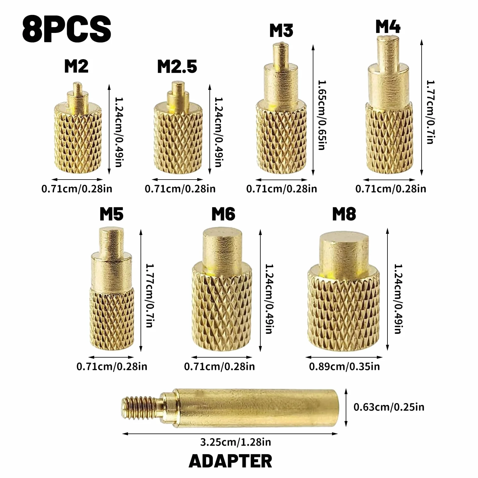 Zestaw 7 grotów lutowniczych do wkładów gwintowanych + adapter pasujący do lutownicy 936/900M/T18 – rozmiary M2-M8 do druku 3D PLA/PETG/ABS