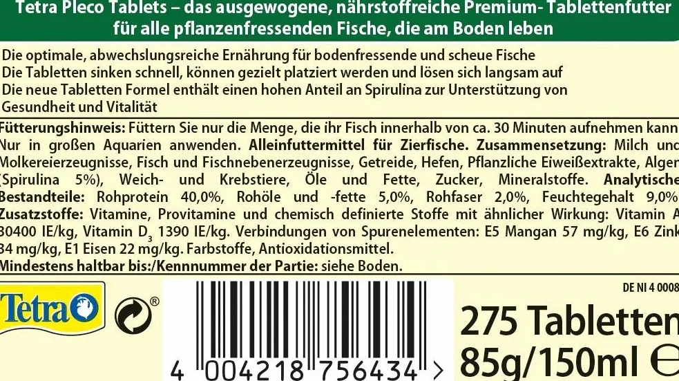 Tetra Pleco Tablets Karma, Zboża, 275 Tabletek / 85 g