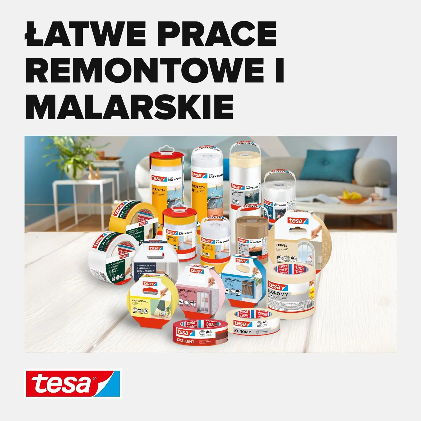 tesa Easy Cover Perfect+ Wkład M - folia malarska 2w1 z taśmą malarską washi - do maskowania i ochrony podczas malowania - 33m x 55cm