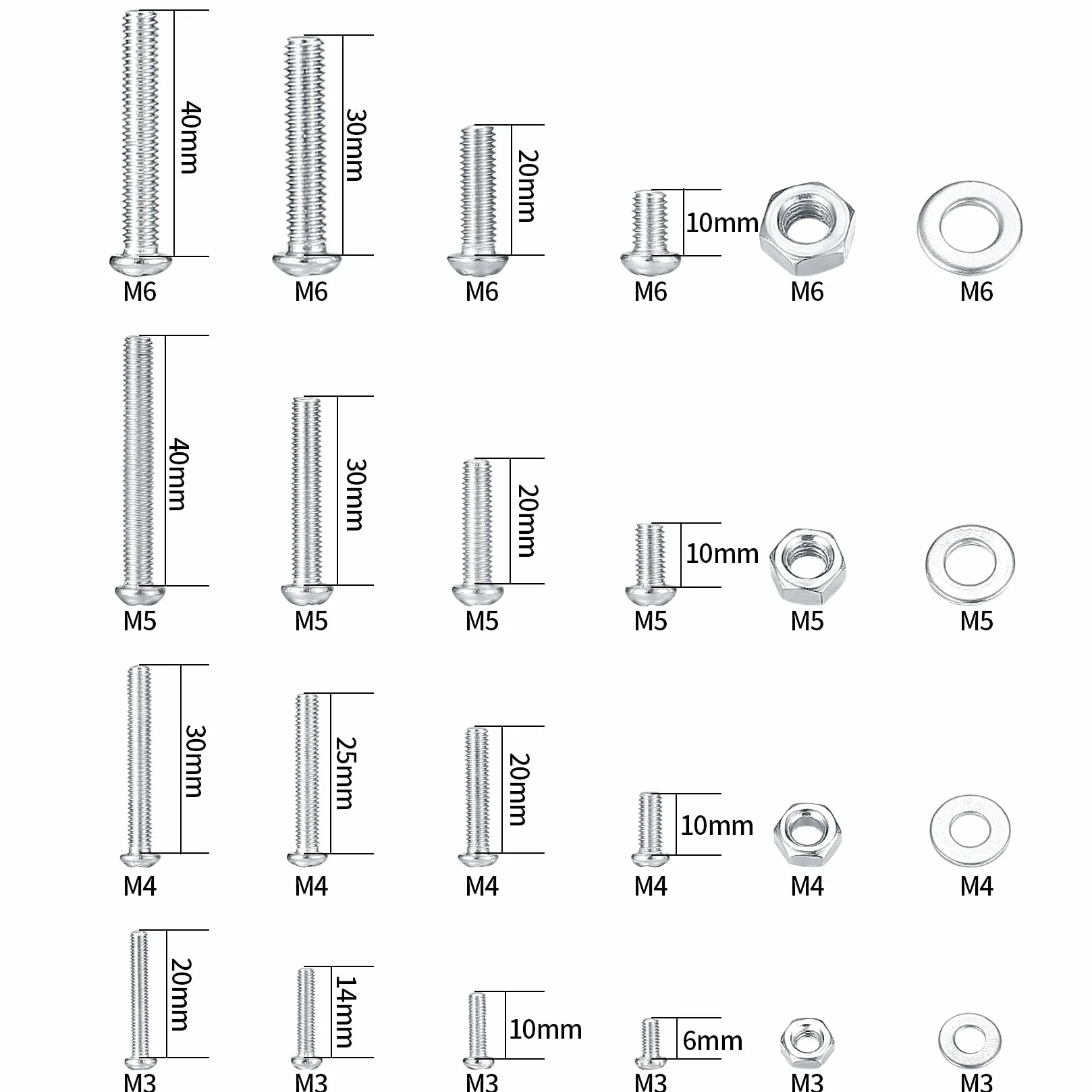 Zestaw 1080 sztuk śrub M3, M4, M5, M6 z nakrętkami sześciokątnymi i podkładkami, śruby z łbem kulistym, z gwintem, wgłębieniem krzyżowym, wkręty maszynowe