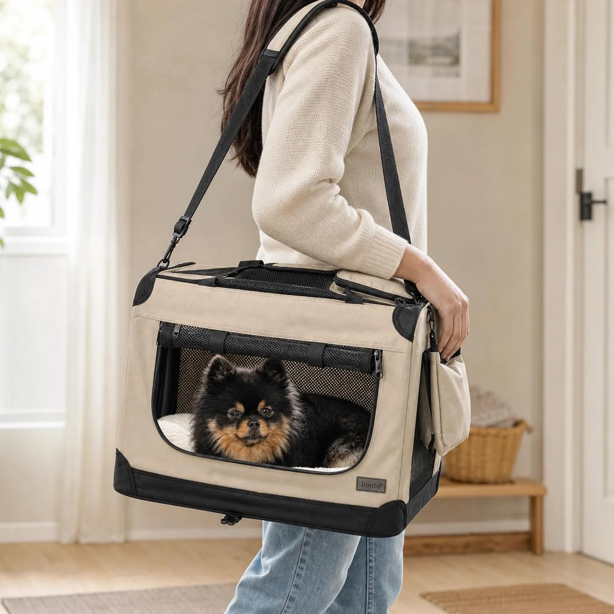 lionto Składany transporter dla psa do podróży i samochodu, 50x34x36 cm, wytrzymały transporter z uchwytami i kocem dla kota i psa do 10 kg, mocna torba z tkaniny, beżowy
