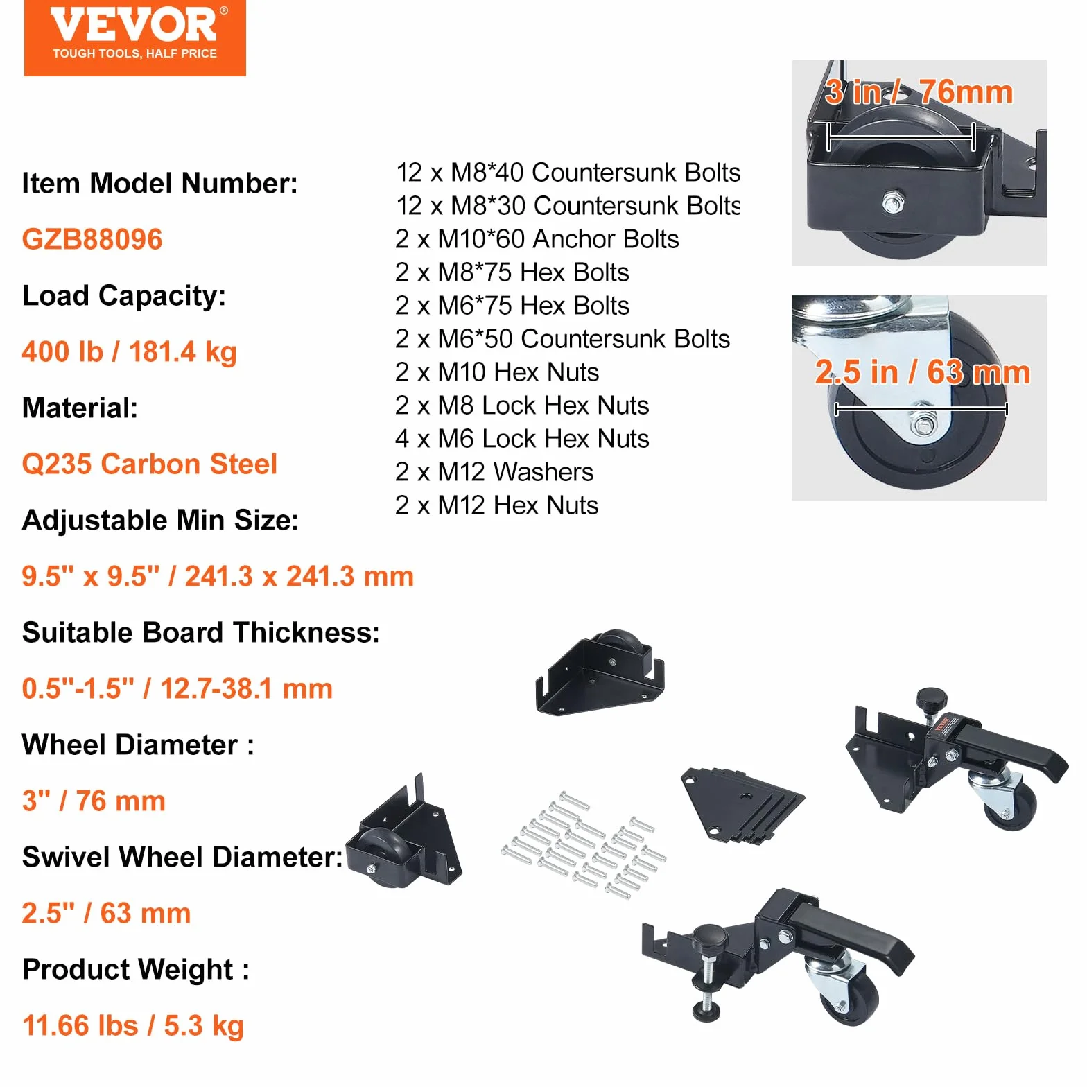 VEVOR Zestaw mobilny do dużych obciążeń 181,4 kg, uniwersalny stojak z kółkami 241,3 x 241,3 mm, kółka obrotowe, narzędzia do podstaw do obróbki drewna, pralki, ciężkie meble