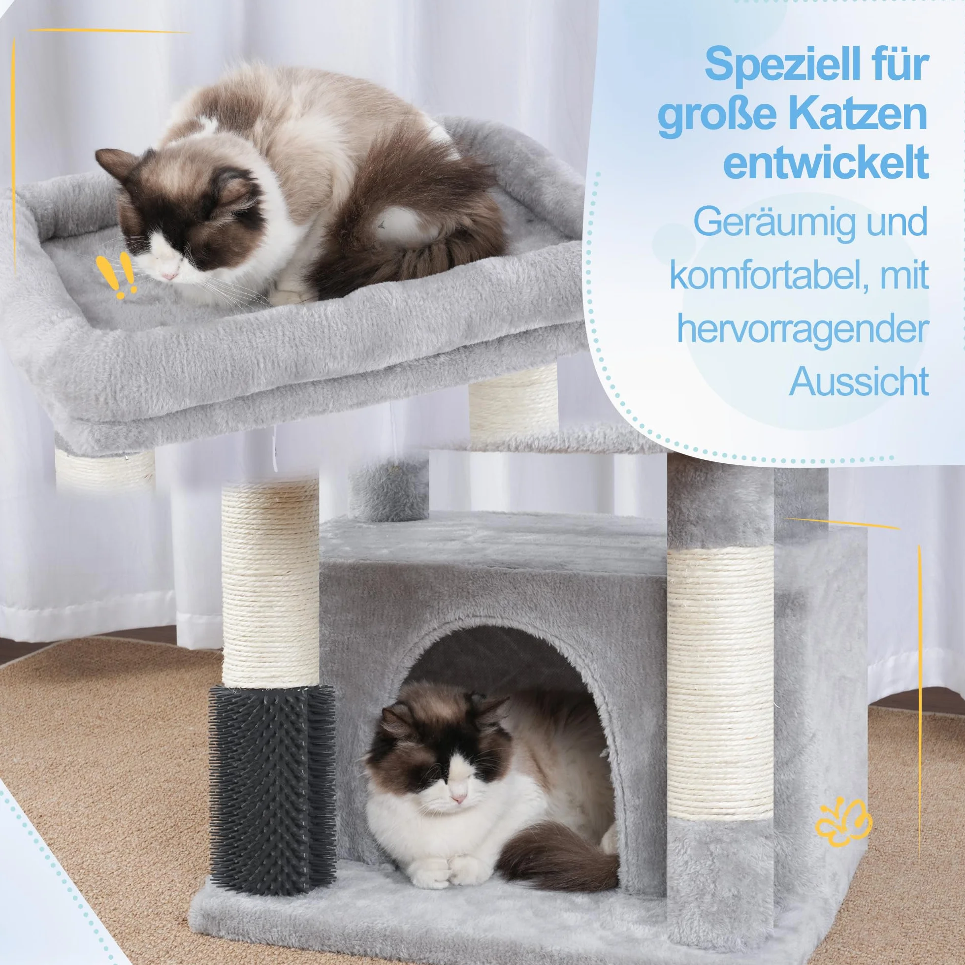 Hey-brother Drapak dla dużych kotów i kotów Maine-Coon, wielopoziomowy, stabilny drapak dla kota z 2 dużymi platformami, 2 koszami dla kotów, duża jaskinia, maszyna do czesania, jasnoszary MPJ070W