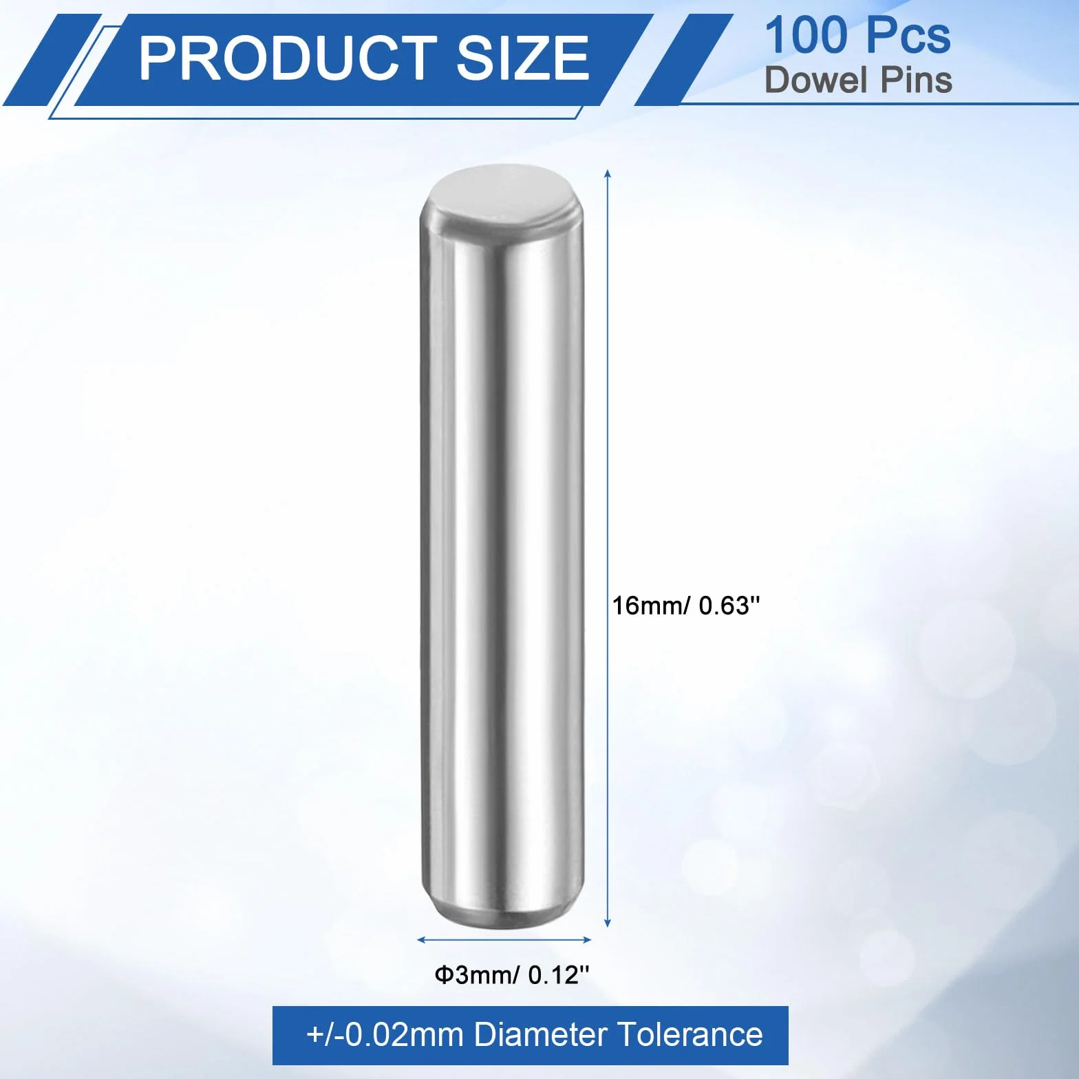 QUARKZMAN 100 szt. 3 mm x 16 mm, stal łożyskowa, cylindryczne trzpienie do regałów, elementy mocujące, metalowe kołki do regałów, tolerancja +/-0,02 mm, kolor srebrny