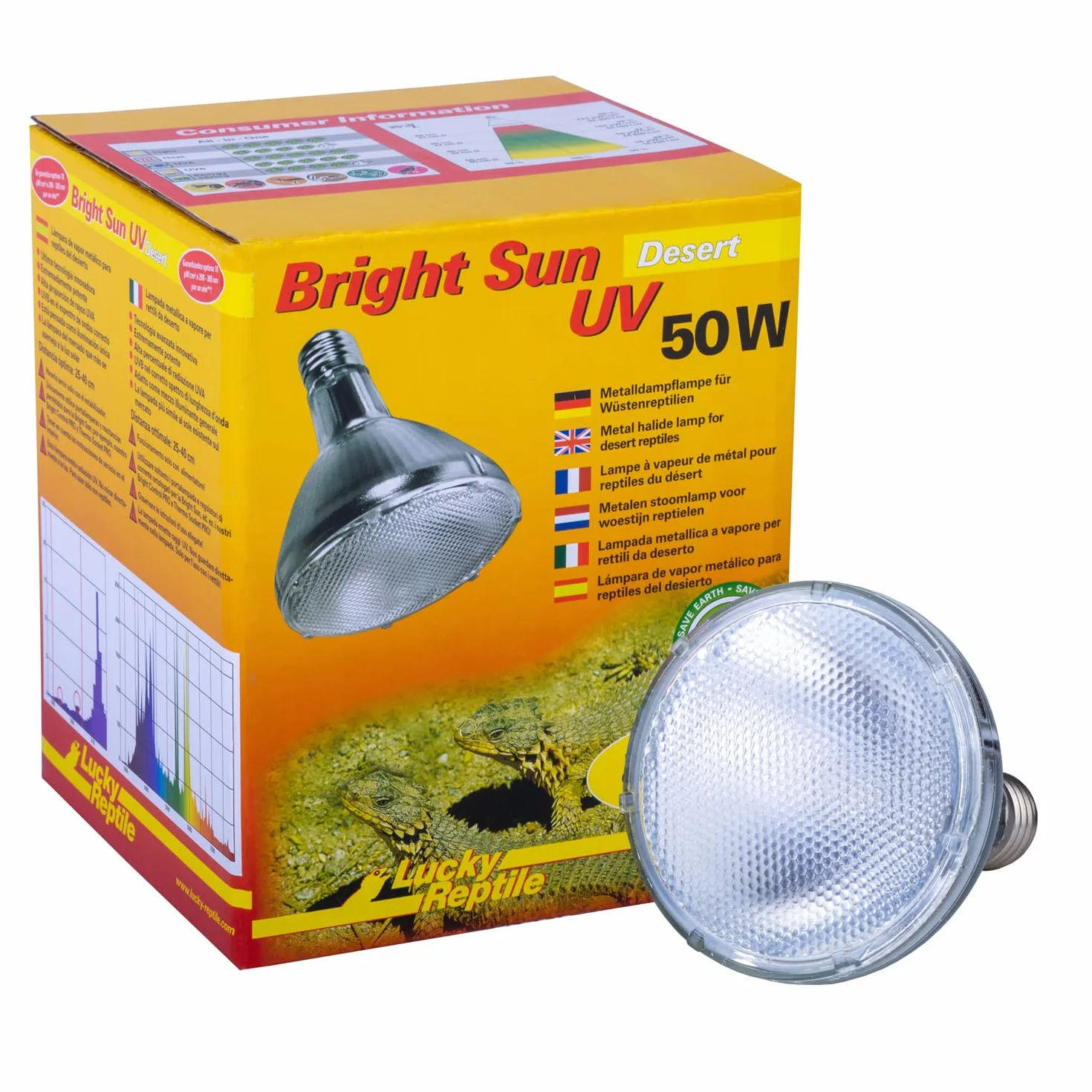 Lucky Reptile Bright Sun UV Desert - Metalowa lampa parowa 50W do opraw E27 - Lampa do terrarium ze światłem dziennym - Lampa grzewcza z promieniowaniem UVA UVB - Lampa dla gadów pustynnych
