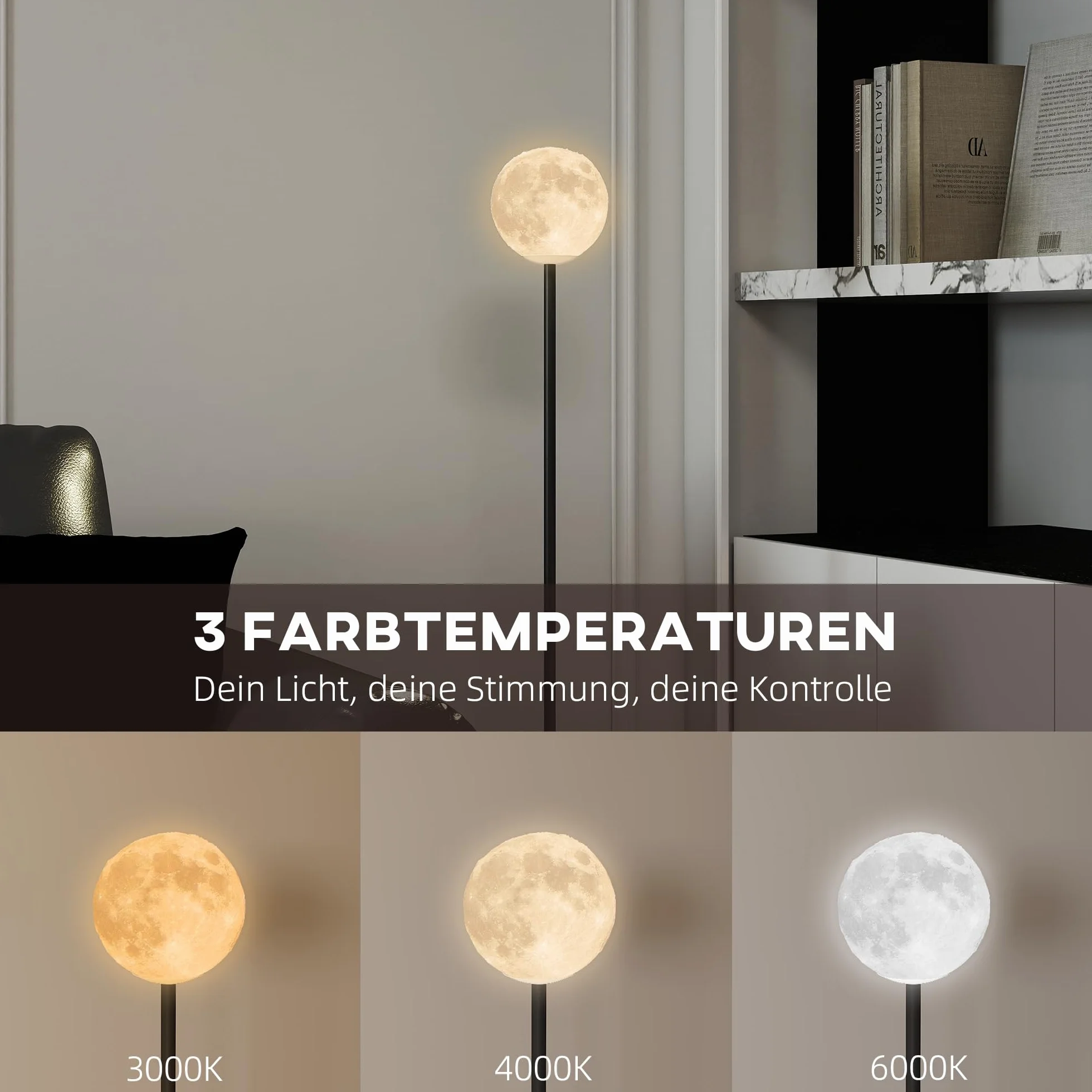 HOMCOM 3D Moon Floor Lamp, 140 cm Modern Standing Lamp with 3 Colours and Foot Switch for Living Room, Bedroom, LED Bulb Included, Black