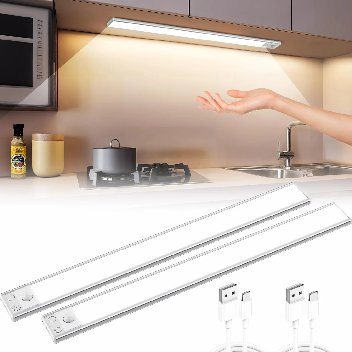 COOLNIGHT Akumulator LED [2 sztuki], 41 cm + ładowany przez USB + 90 LED szafka pod umywalkę oświetlenie kuchni