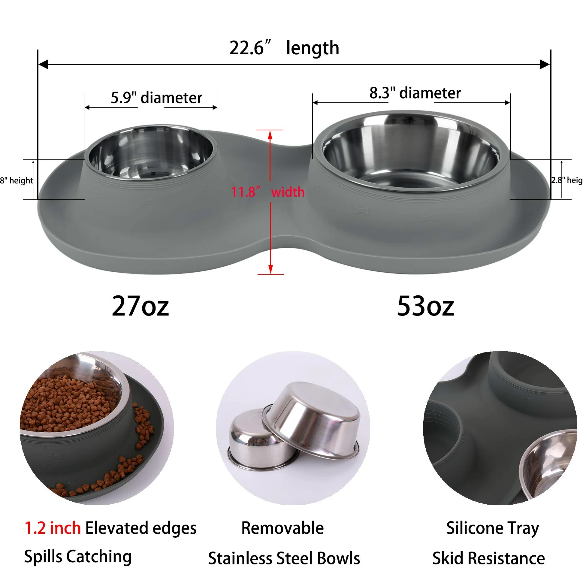Miski dla zwierząt domowych 2 miski dla psa ze stali nierdzewnej (1,5 g + 760 g) z 3 cm bez rozlania, antypoślizgowa mata silikonowa + powolne karmienie dla psów i karmy do karmienia małych dużych psów, kotów, szczeniąt (szare)