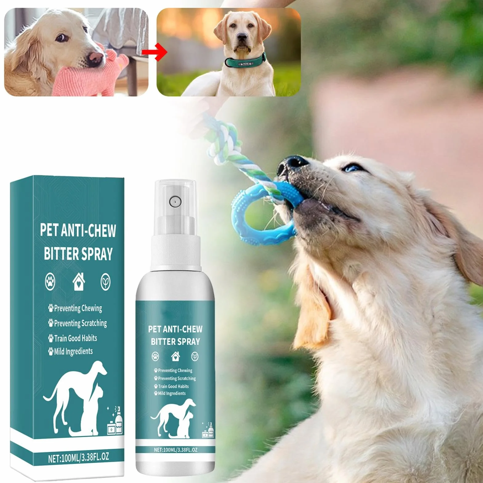 Spray bez gryzienia dla psów | 100 ml gorzki spray zapobiegaj?cy ?uciu dla skutecznego szkolenia zwierz?t domowych | Pomoc w zachowaniu psów i kotów do u?ytku wewn?trz i zewn?trz |