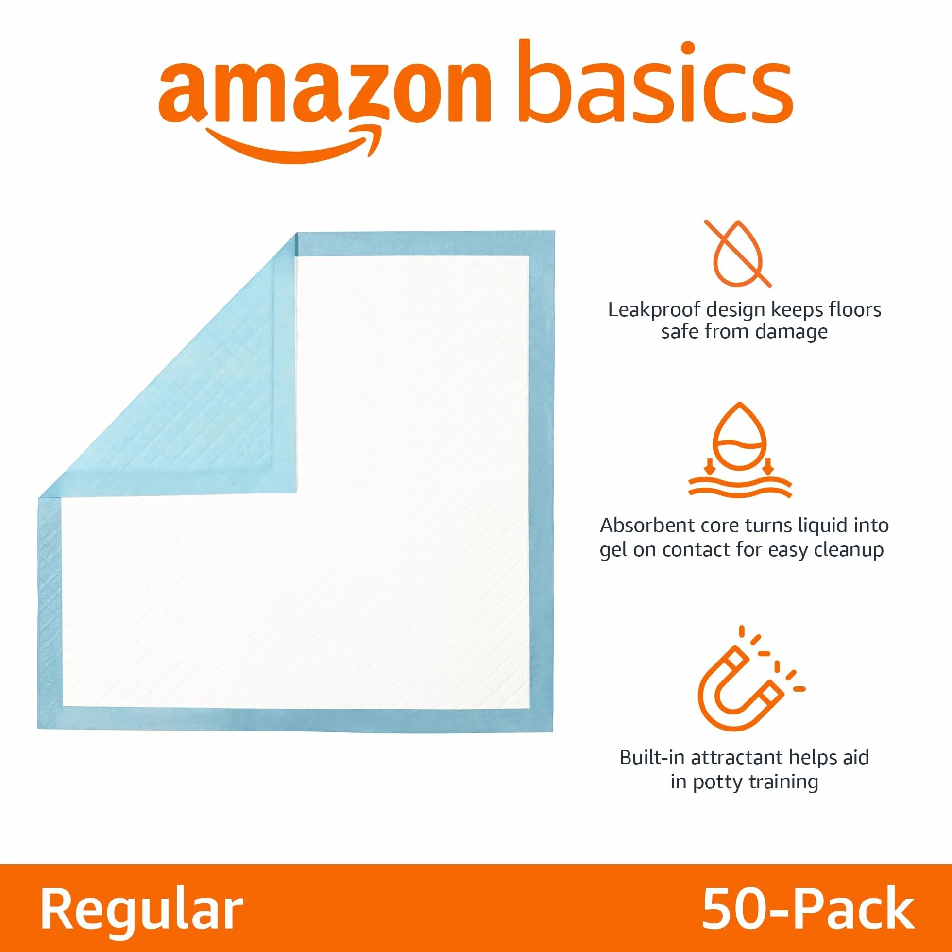 Amazon Basics Podkładki higieniczne dla psów i szczeniąt do oddawania moczu, szybkoschnące, do nauki korzystania z nocnika, wysoka chłonność, rozmiar normalny, 60,96x58,42 cm,50 sztuk, niebiesko-białe