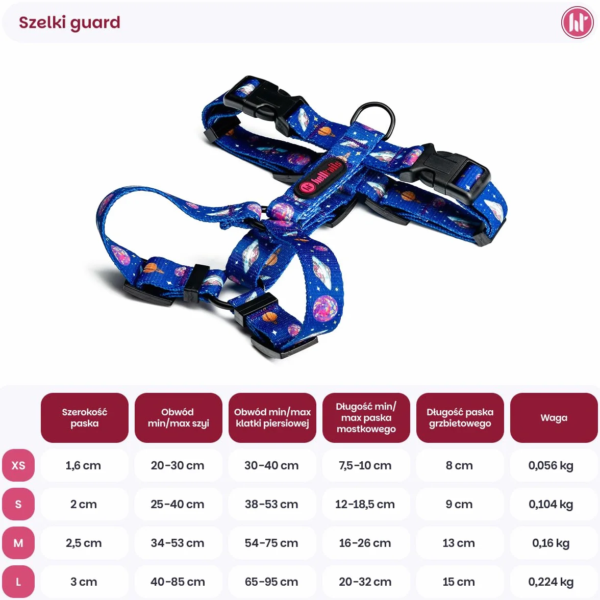 Szelki dla Małego Psa Guard | NO ABSORB - powłoka odpychająca brud i wode | Bezuciskowe | Wodoodporne | 5-cio stopniowa Regulacja | Lekkie | Cosmic Bloom - S