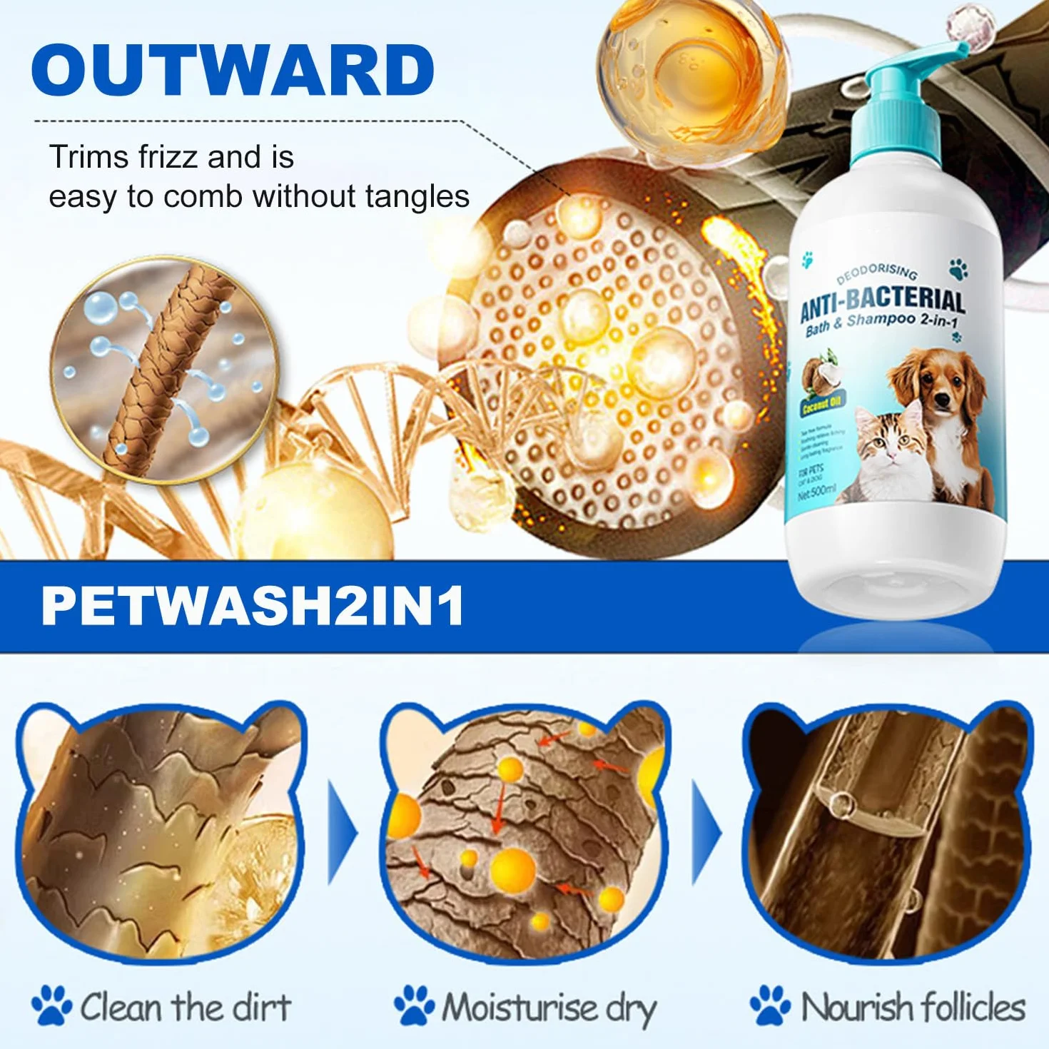 Szampon i odżywka 2 w 1, 500 ml, delikatny szampon do pielęgnacji sierści, oczyszcza i nawilża skórę, delikatna formuła dla szczeniaków, z olejkiem kokosowym, szampon do kąpieli zwierząt domowych dwa