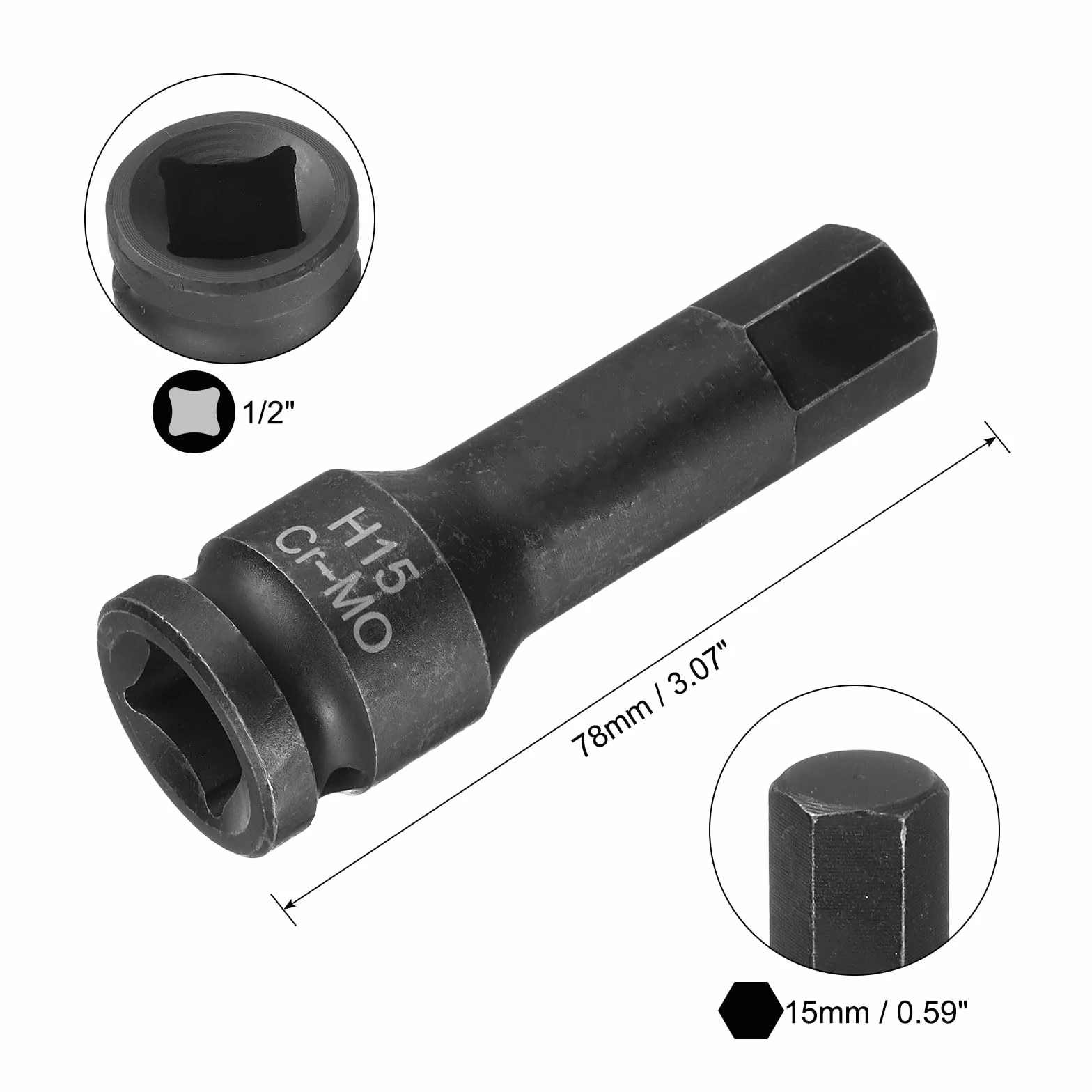 QUARKZMAN 15 mm sześciokątne gniazdo bitowe H15 1/2" stal CR-MO, fosforan, przedłużenie, sześciokątny adapter do gniazdka elektrycznego do naprawy prac samochodowych