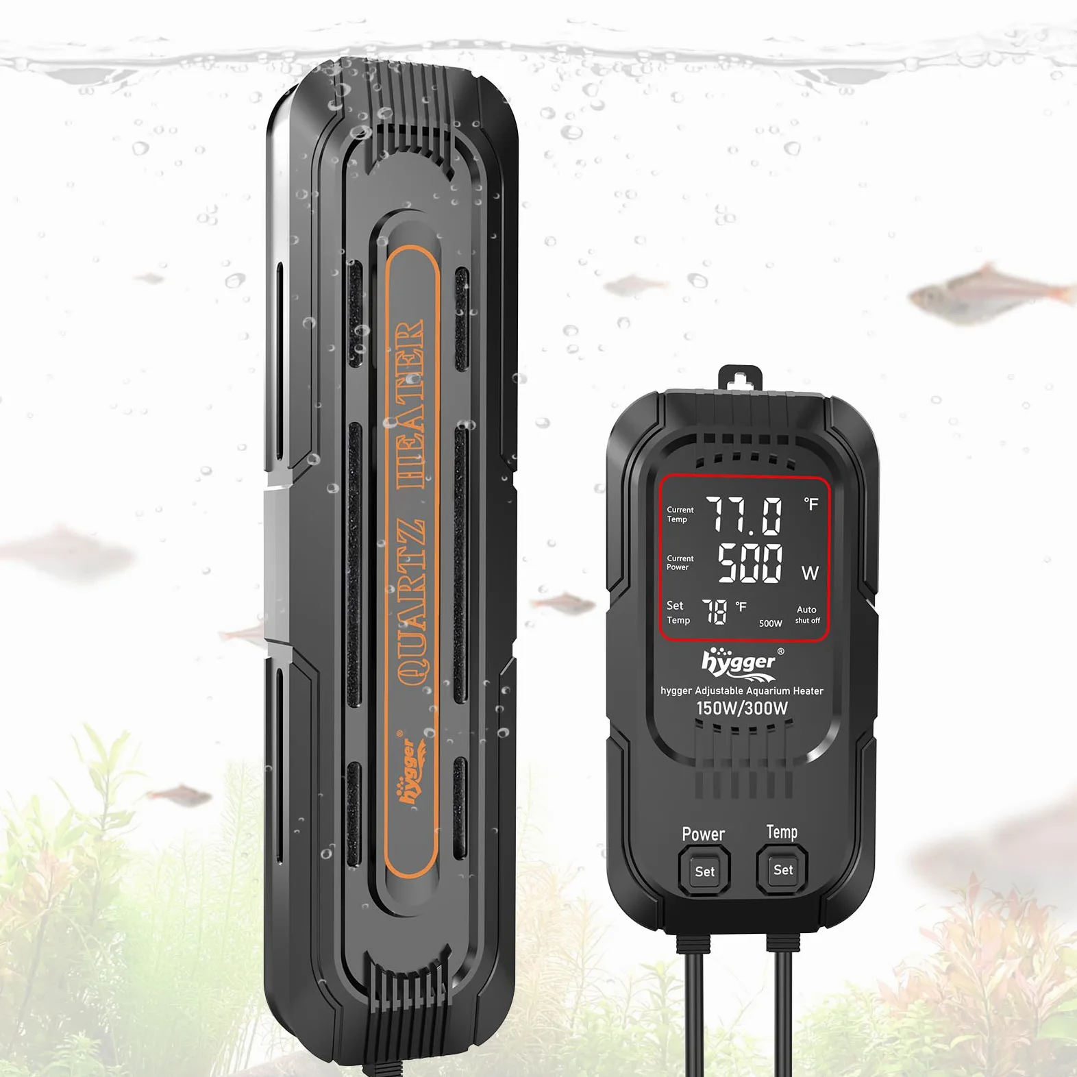 hygger Grzejnik do akwarium 600W/1200W regulowany dwustopniowa regulacja mocy 500-900L