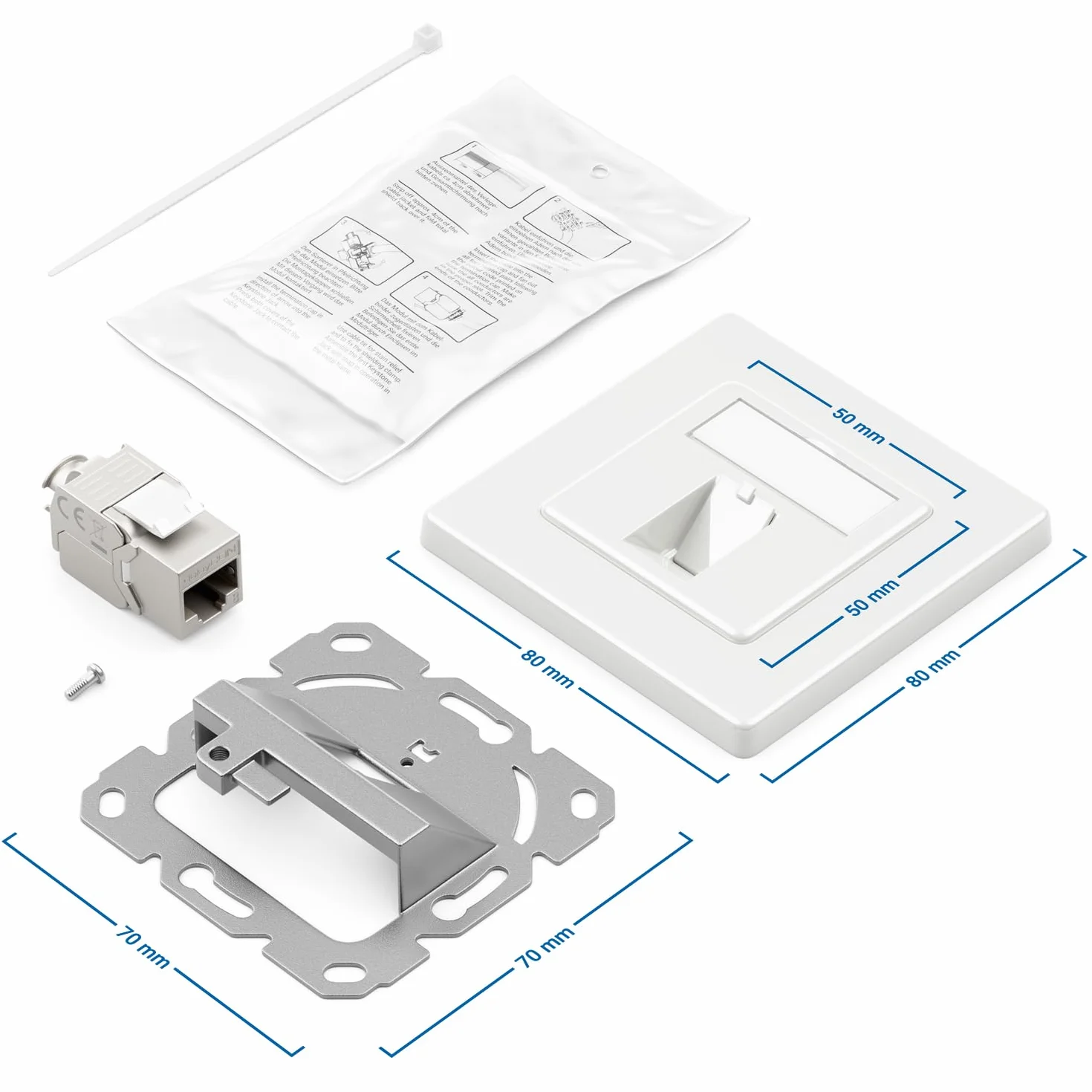 deleyCON 1x Gniazdko Sieciowe CAT8 Podtynkowe z Modułem RJ45 Keystone - 40 Gbps, STP Ekranowane - do Patchcordów, Kabli Sieciowych, Przewodów Instalacyjnych Ethernet - Gigabit LAN - Białe