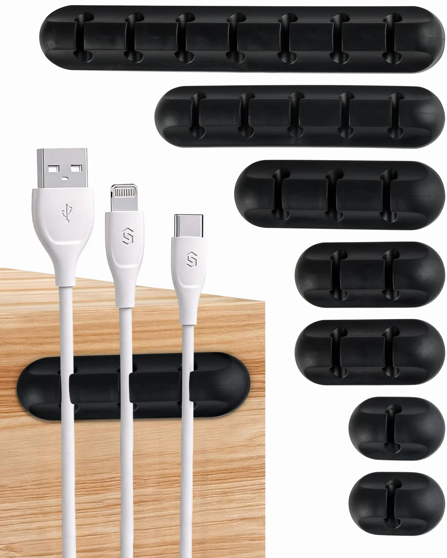 Organizer do Kabli na Biurko, 7 Sztuk Uchwyty na Kable Samoprzylepne i Wielofunkcyjne, w 5 Rozmiarach, Cable Management Set do Samochodu, Biura, PC i Domu (Czarny)
